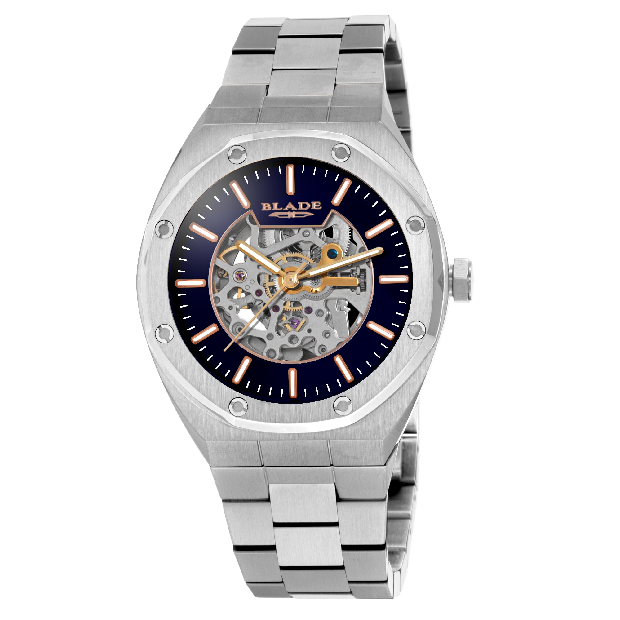 BLADE Octa SS Men's Automatic Blue 3614G2SBS – Dinamico Collection – Octagon – 42mm Stainless Steel Case – Sapphire Glass – Blue Dial – Skeleton Automatic Mechanical Movement – 24.5mm Stainless Steel Band – Hidden Deployant Buckle with Pushers – 10ATM Water Resistant – Men's Watch – 3 Years Warranty