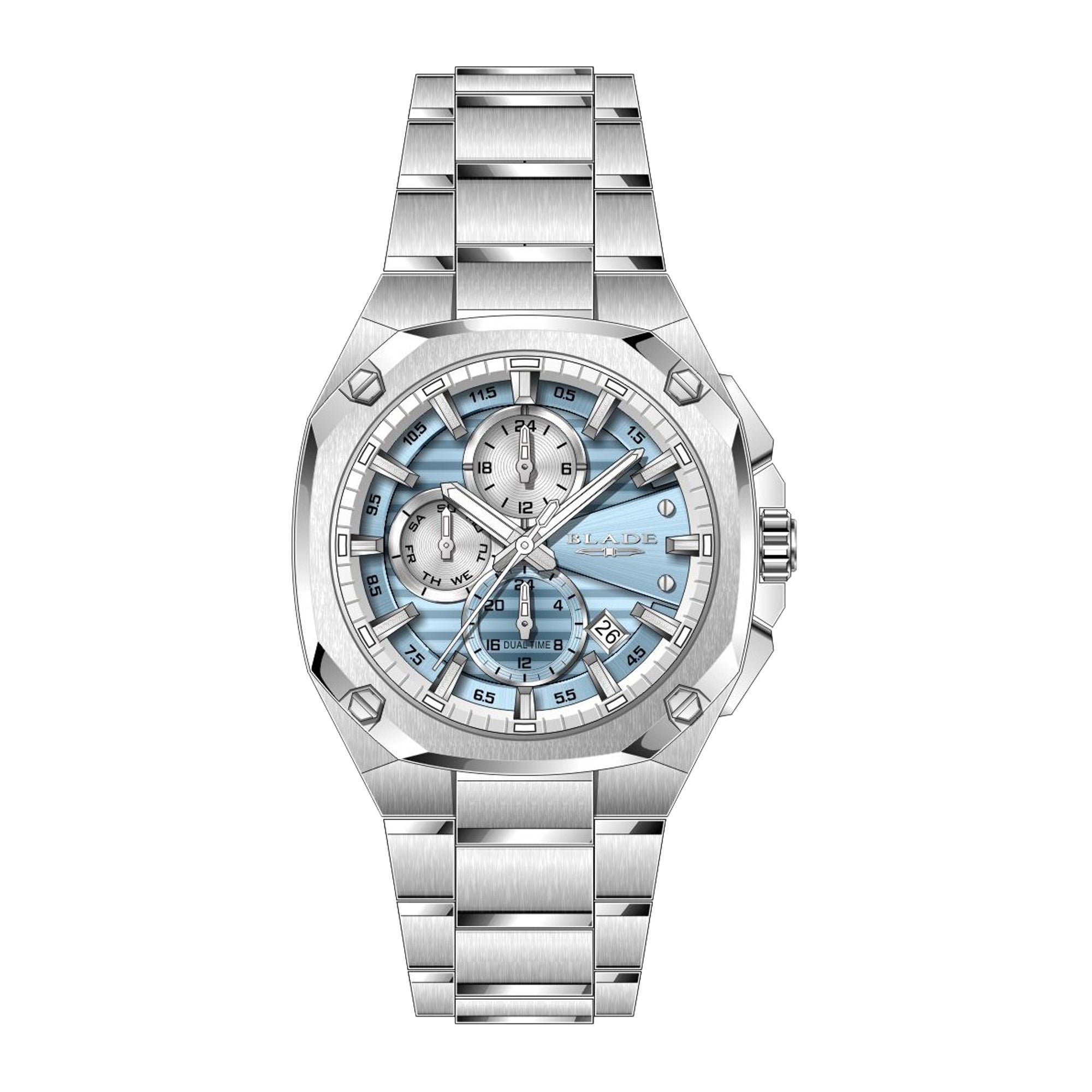 BLADE Forte Aqua 3646G2SIS – Falco Collection – Octagonal – 43mm Stainless Steel Case – Hardened Mineral Glass – Light Blue Dial – Dual-Time Multifunction Quartz Movement – 26x20mm Stainless Steel Band – Foldover with Pushers and Safety Clasp Buckle – 10ATM Water Resistant – Men's Watch – 3 Years Warranty 
