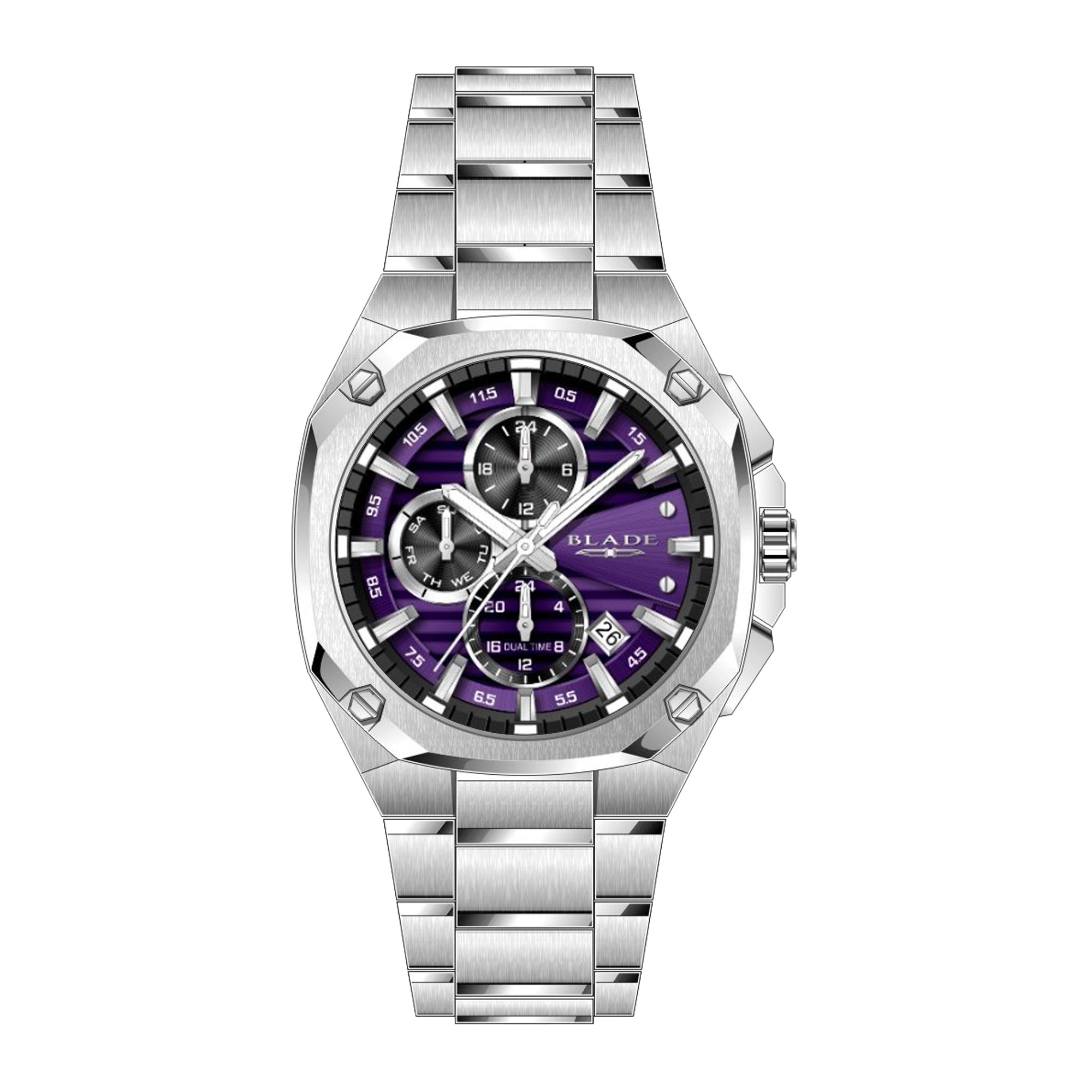 BLADE Forte Indigo 3646G2SVS – Falco Collection – Octagonal – 43mm Stainless Steel Case – Hardened Mineral Glass – Purple Dial – Dual-Time Multifunction Quartz Movement – 26x20mm Stainless Steel Band – Foldover with Pushers and Safety Clasp Buckle – 10ATM Water Resistant – Men's Watch – 3 Years Warranty&nbsp;