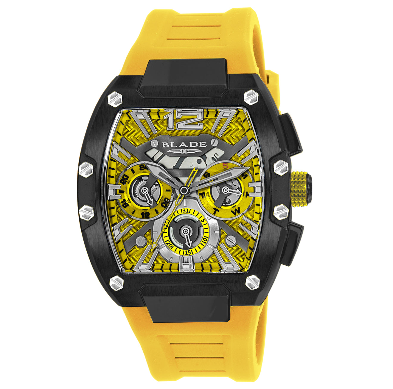BLADE Magnifique Speed 3652G5NYY&nbsp; – Falco Collection – Square – 43mm PVD Grey Stainless Steel Case – Hardened Mineral Glass – Yellow Dial – Japan Multifunction Quartz Movement – 27.5mm Aqua Silicone Strap – Tang Buckle – 5ATM Water Resistant – Men's Watch – 3 Years Warranty&nbsp;
