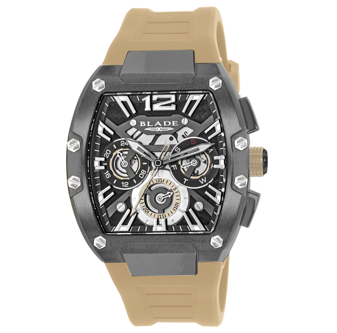 BLADE Magnifique Desert 3652G5AGD – Falco Collection – Square – 43mm PVD Grey Stainless Steel Case – Hardened Mineral Glass – Grey/Beige Dial – Japan Multifunction Quartz Movement – 27.5mm Aqua Silicone Strap – Tang Buckle – 5ATM Water Resistant – Men's Watch – 3 Years Warranty&nbsp;