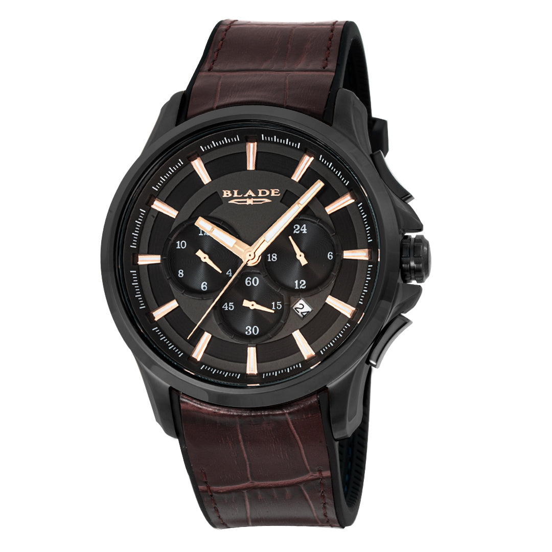 BLADE Vision Noir 3671G9NNO SS & Leather Multifunction Men's Watch