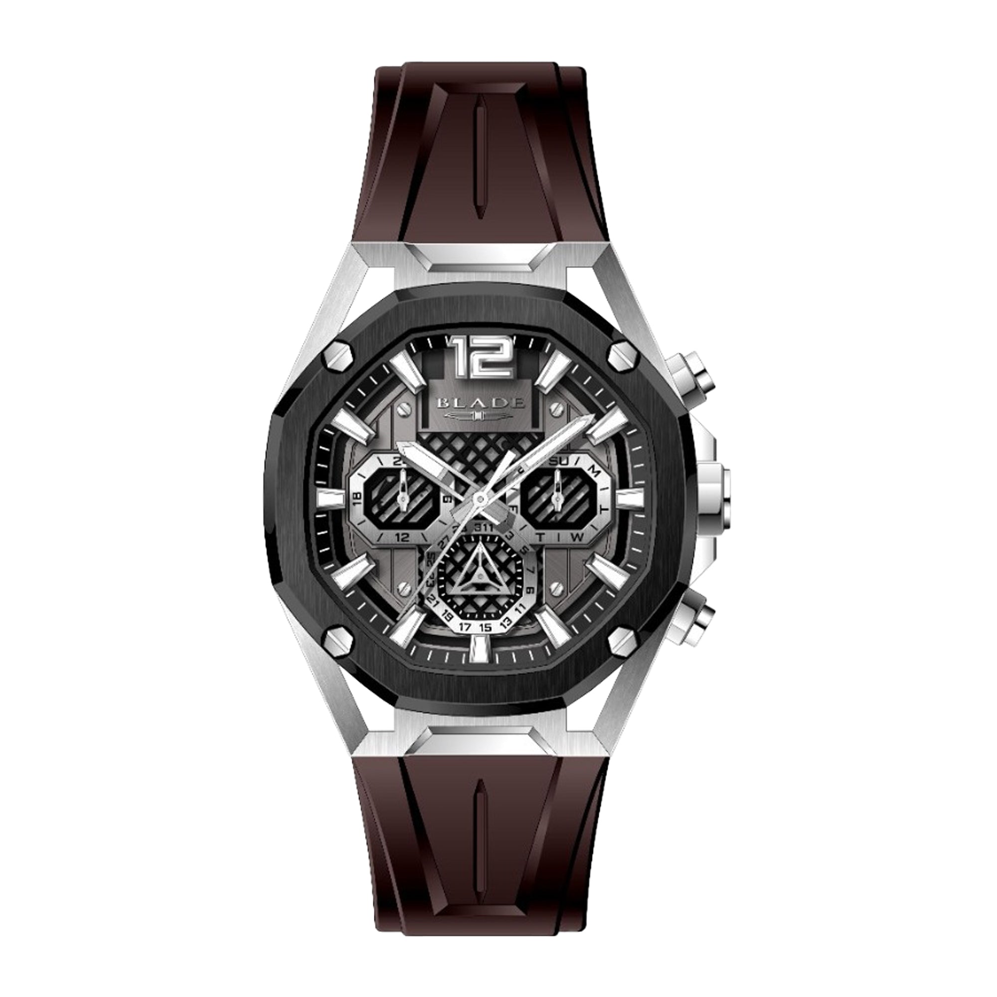 BLADE Ascend Mono 3674G5MNO – Falco Collection – Octagonal – 45.5mm TT PVD Black Stainless Steel Case – Hardened Mineral Glass – Black Dial – Dual-Time Multifunction Quartz Movement – 26mm Brown Silicone Strap – Tang Buckle – 5ATM Water Resistant – Men's Watch – 3 Years Warranty 
