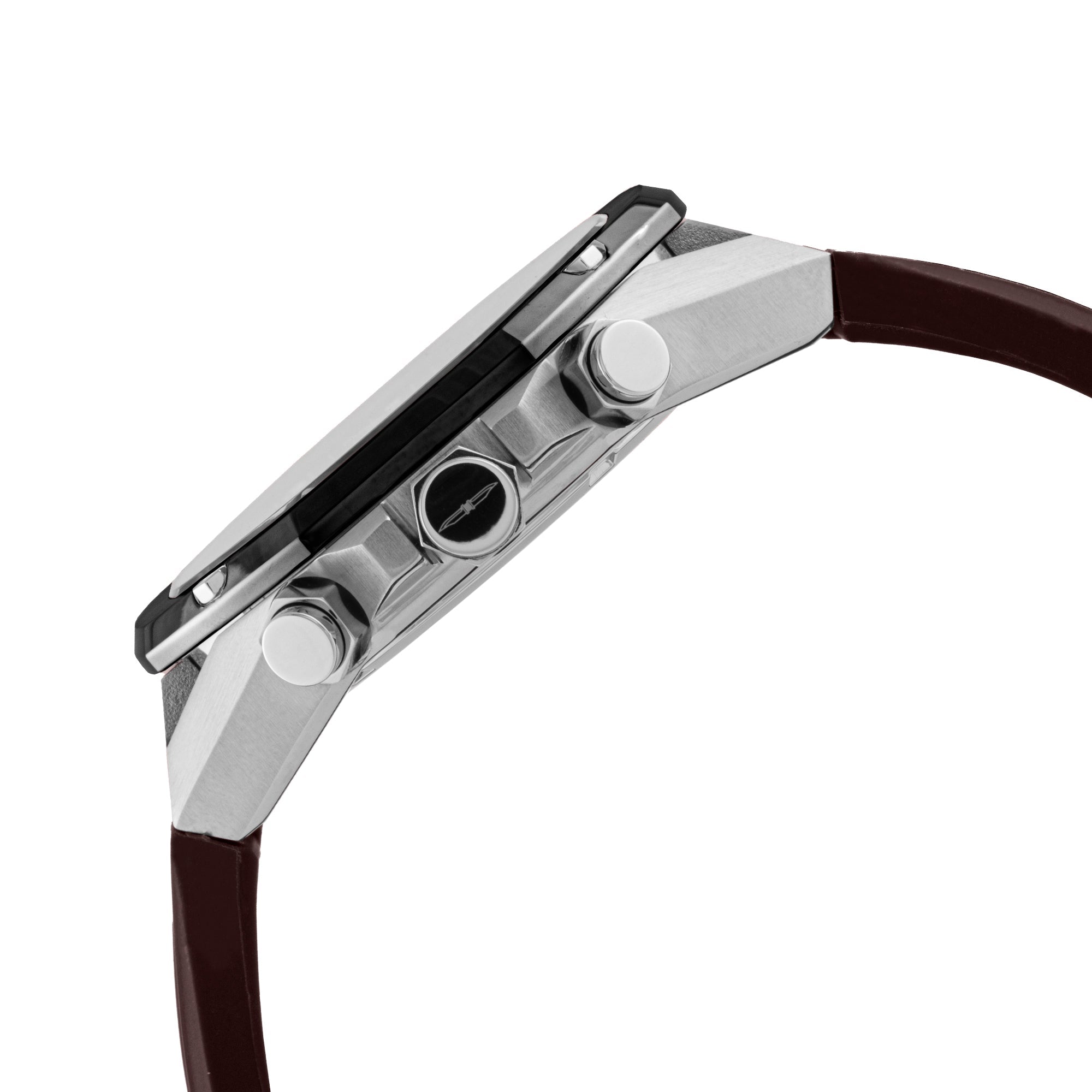Close-up of a watch with a brown strap and silver case on a white background 3674G5MNO SIDE IMAGE