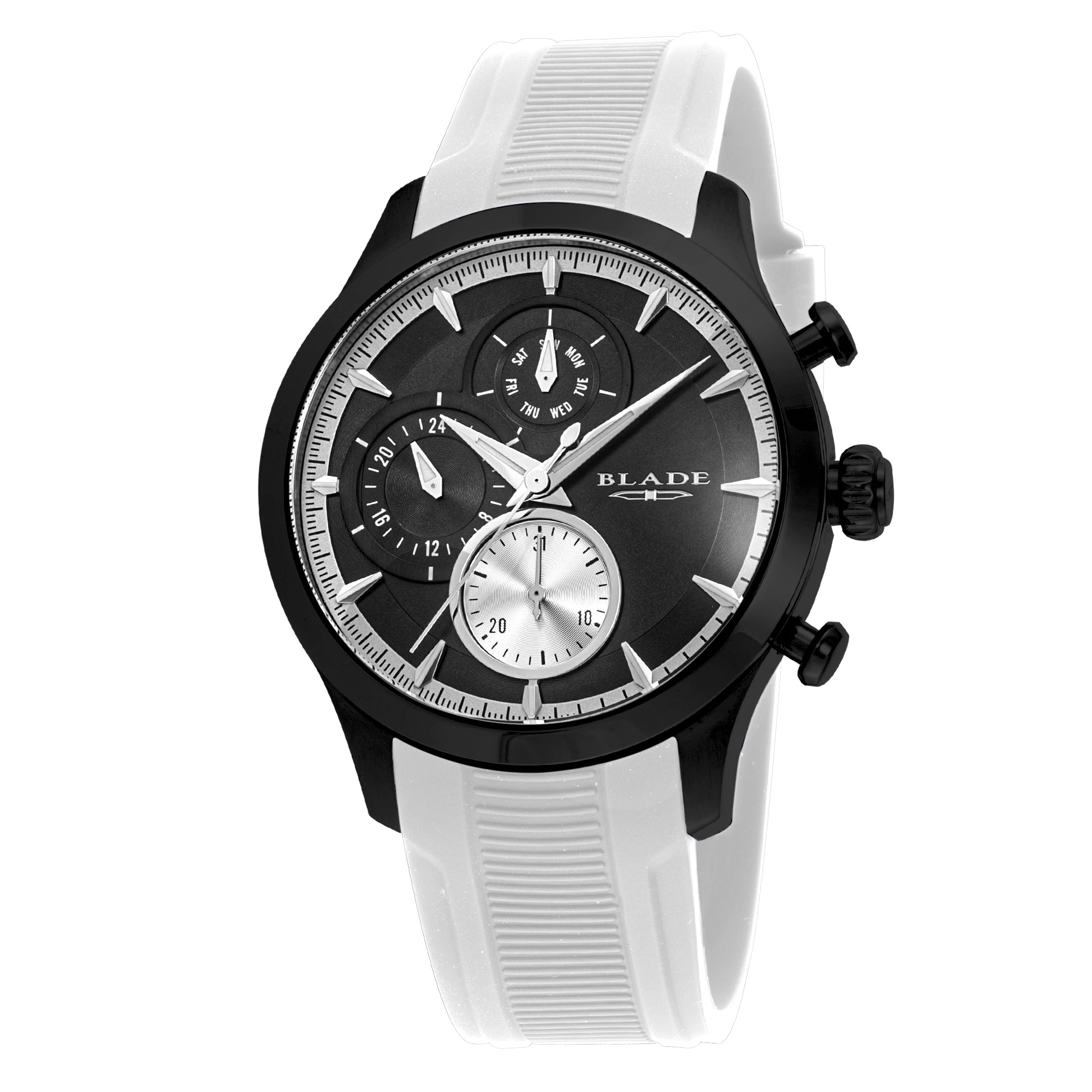 A BLADE Gallant Mono multifunction men's watch with a black stainless steel case, black dial, and white silicone strap.