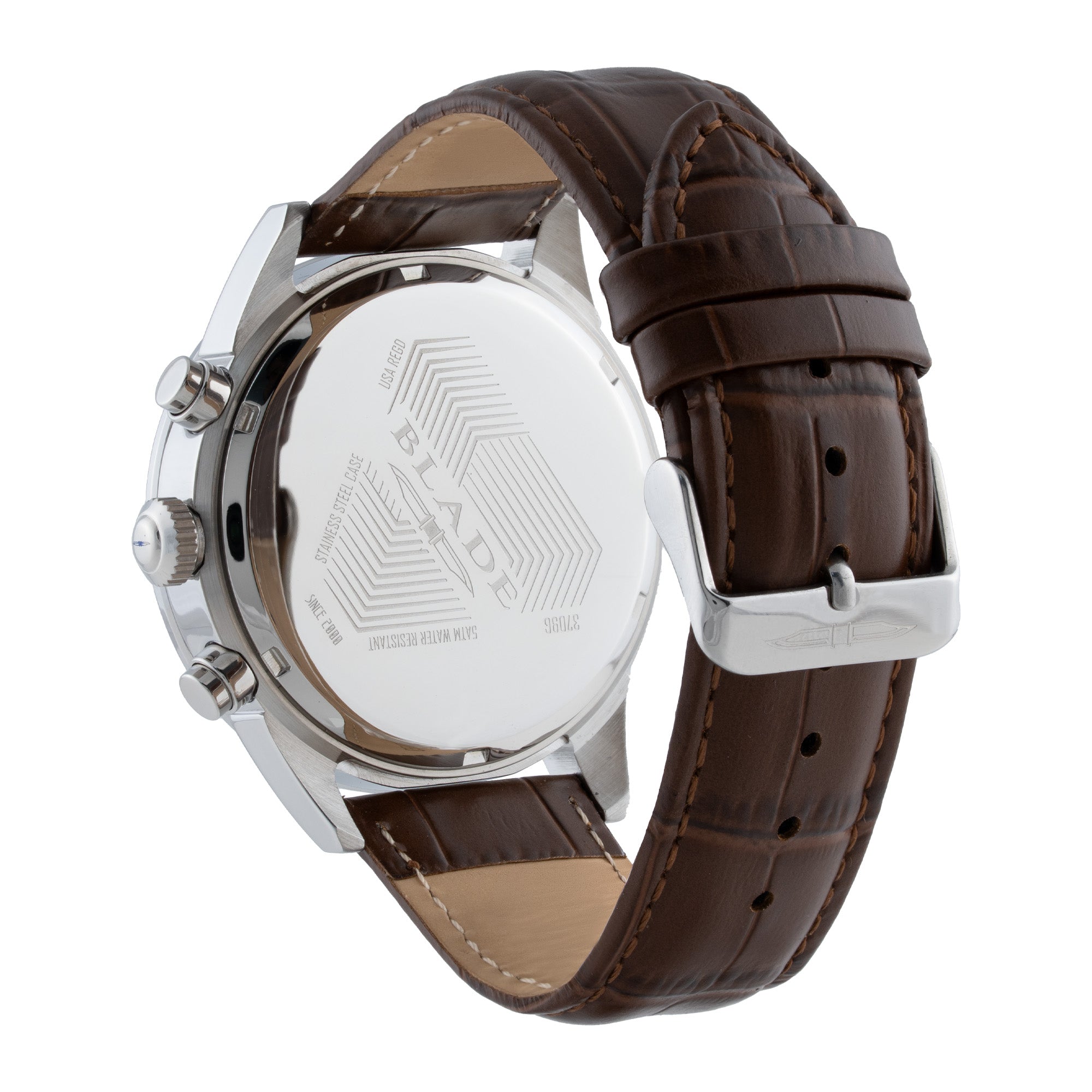 BLADE ECHELON AQUA 3709G1SIO SS CASE & LEATHER STRAP MULTIFUNCTION WITH PUSHERS MEN`S WATCH