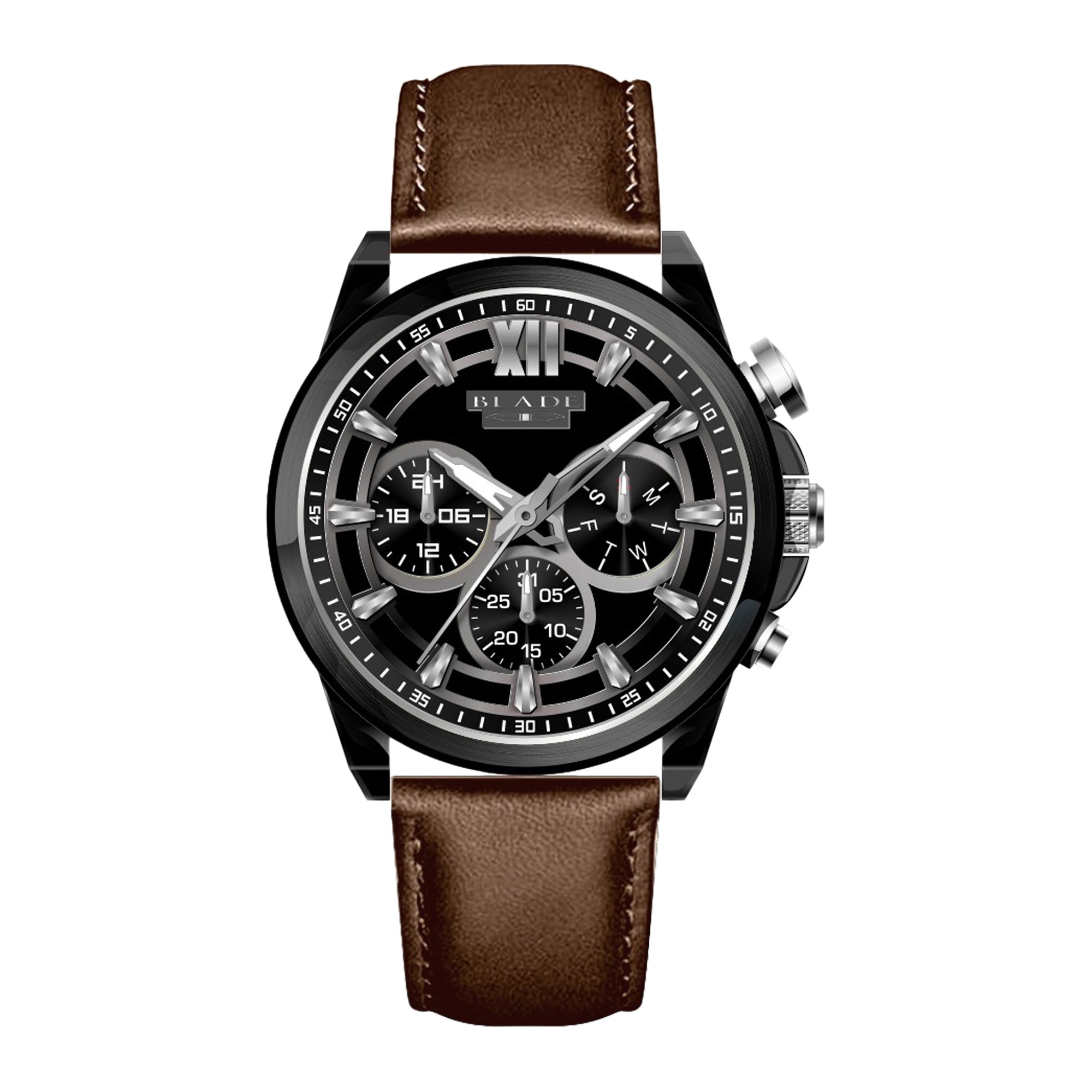 BLADE OUTLIER NOIR 3711G1NNO SS CASE & LEATHER STRAP MULTIFUNCTION WITH PUSHERS MEN'S WATCH
