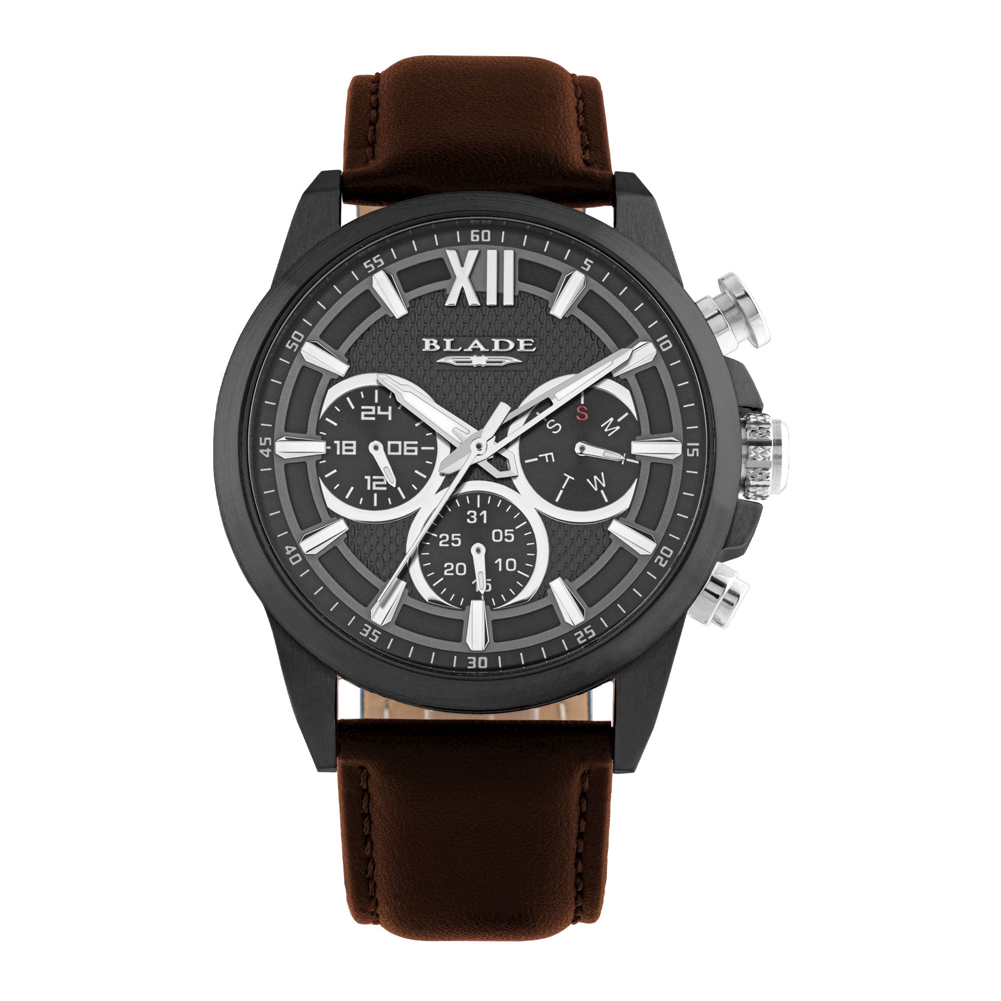 BLADE OUTLIER NOIR 3711G1NNO SS CASE & LEATHER STRAP MULTIFUNCTION WITH PUSHERS MEN'S WATCH