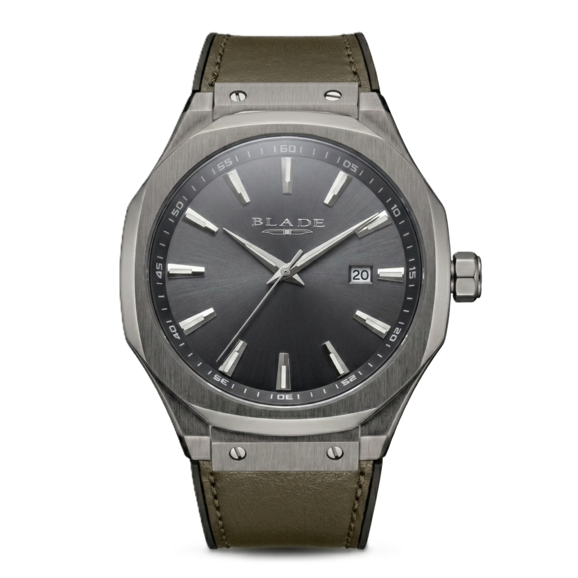 BLADE Maestoso Gun SS Case & Leather Strap Calendar Men's Watch