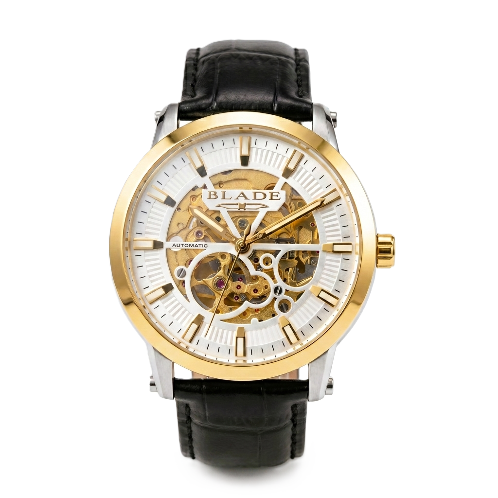 BLADE Volare Edge Ivory 3718G1TSN SS Case & Leather Strap Skeleton Men's Watch
