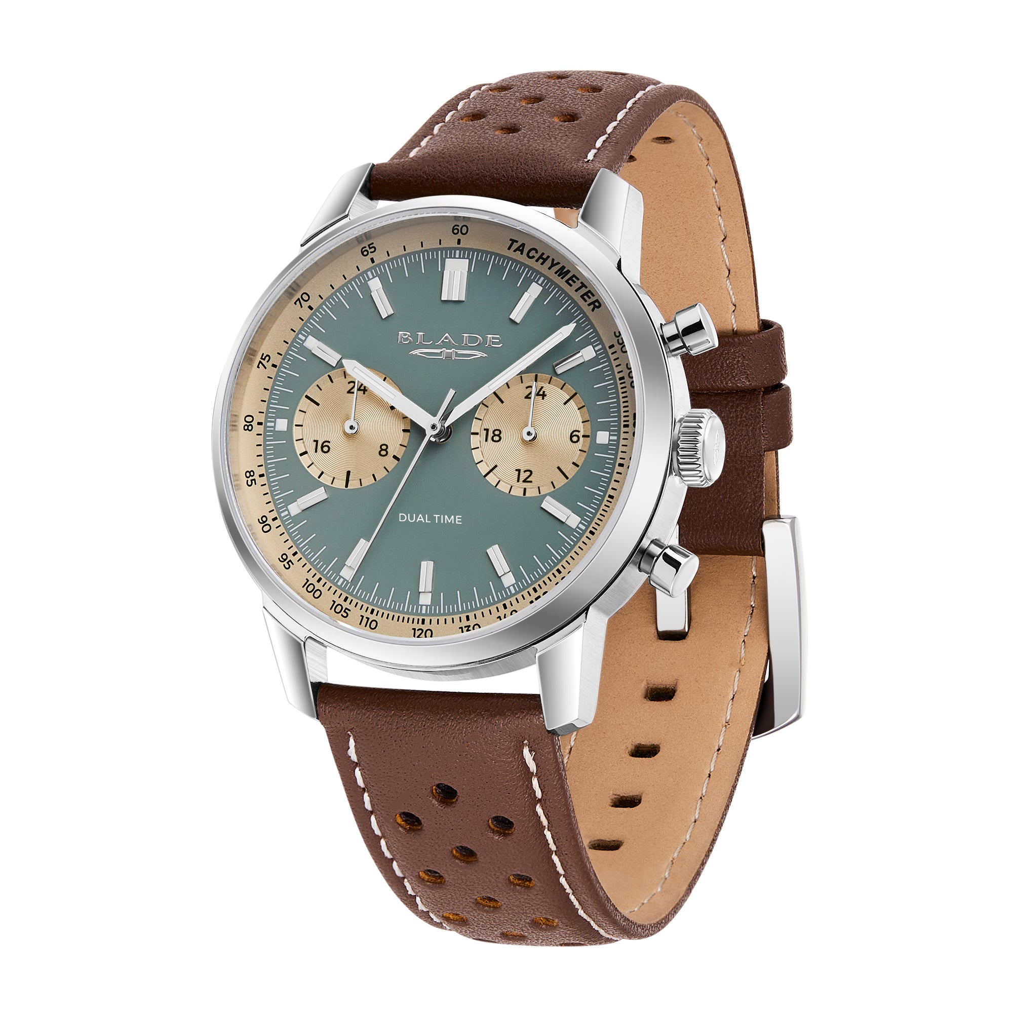 BLADE Rally Khaki 3721G1SOO SS Case & Leather Strap Dual-Time Multi Men's Watch