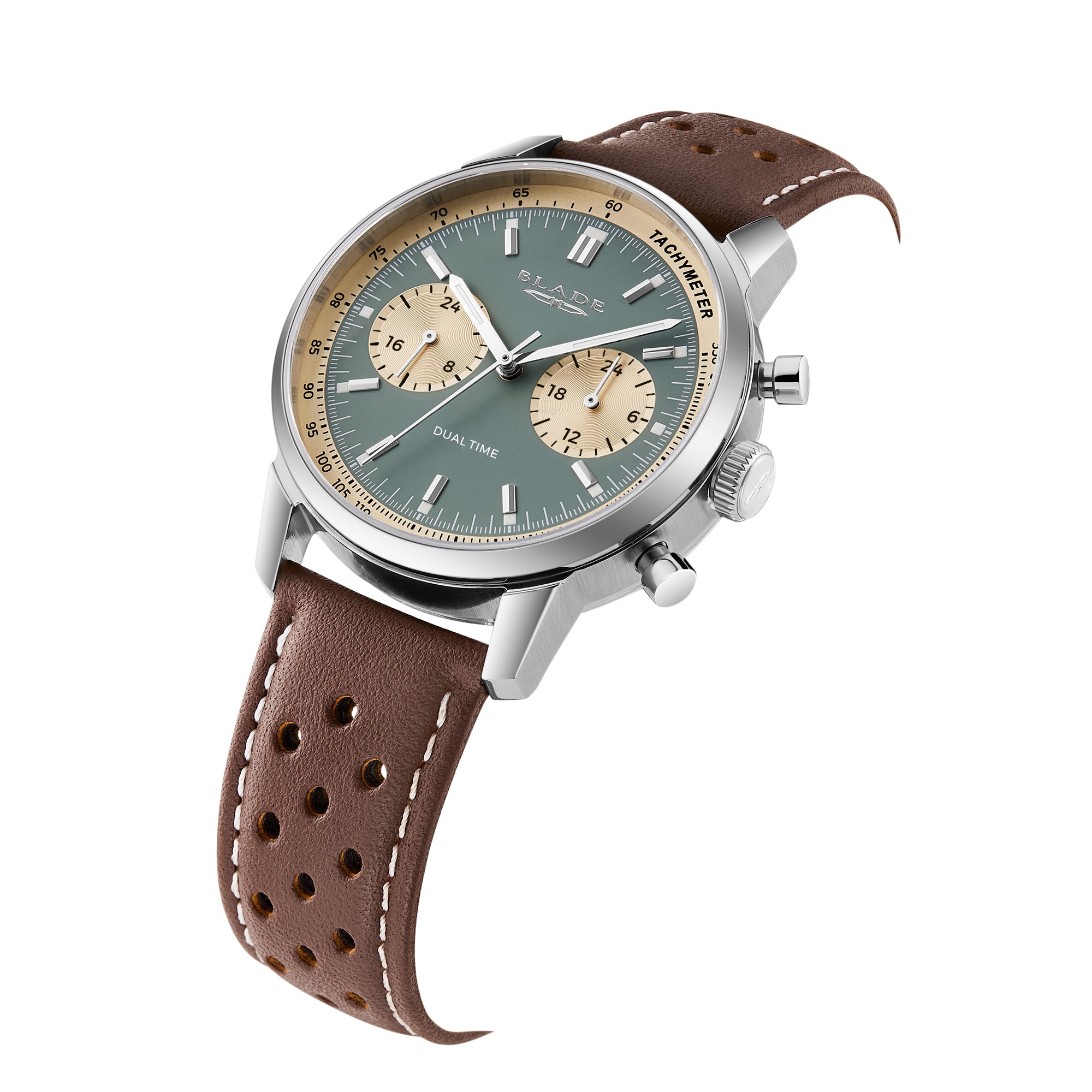 BLADE Rally Khaki 3721G1SOO SS Case & Leather Strap Dual-Time Multi Men's Watch