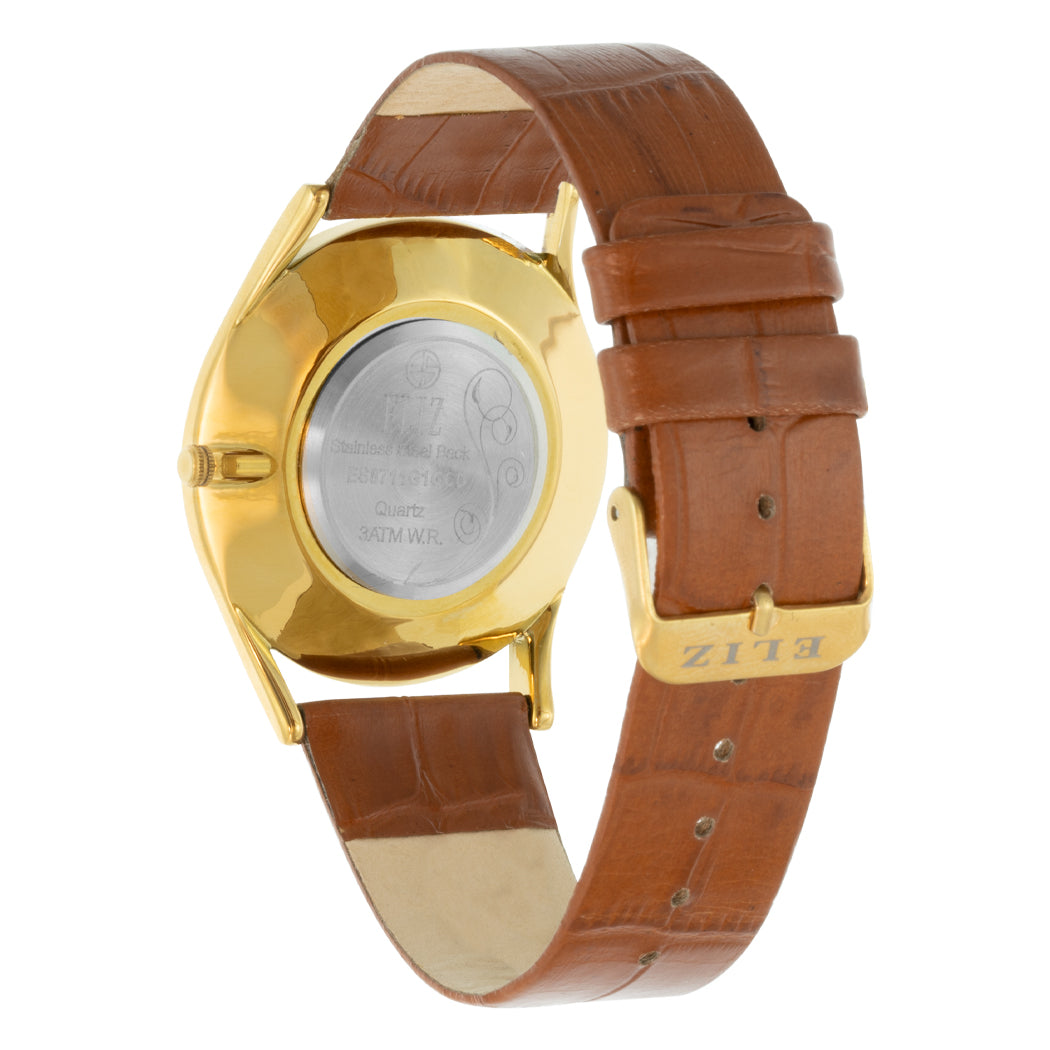 ELIZ ES8711G1GCD PVD Gold Case Tan Brown Leather Men's Watch