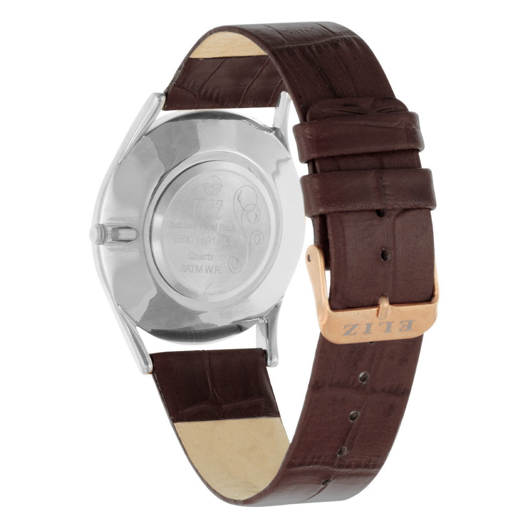 ELIZ ES8711G1SSO PVD Silver Case Brown Leather Men's Watch