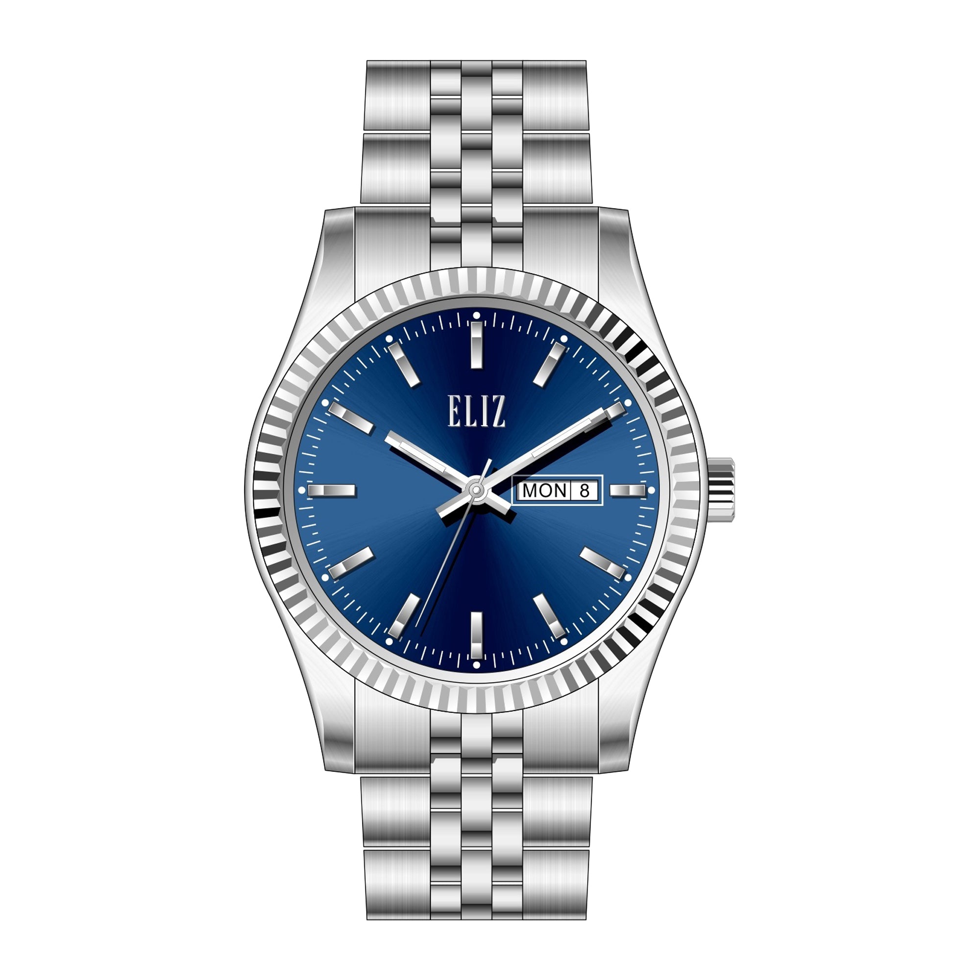 ELIZ ES8863G2SBS – Mahal Collection – Round – 40mm Stainless Steel Case – Hardened Mineral Glass – Blue Dial – Japan Day-Date Quartz Movement – 21mm Stainless Steel Band – Foldover with Pushers Buckle – 3ATM Water Resistant – Men's Watch – 2 Years Warranty 
