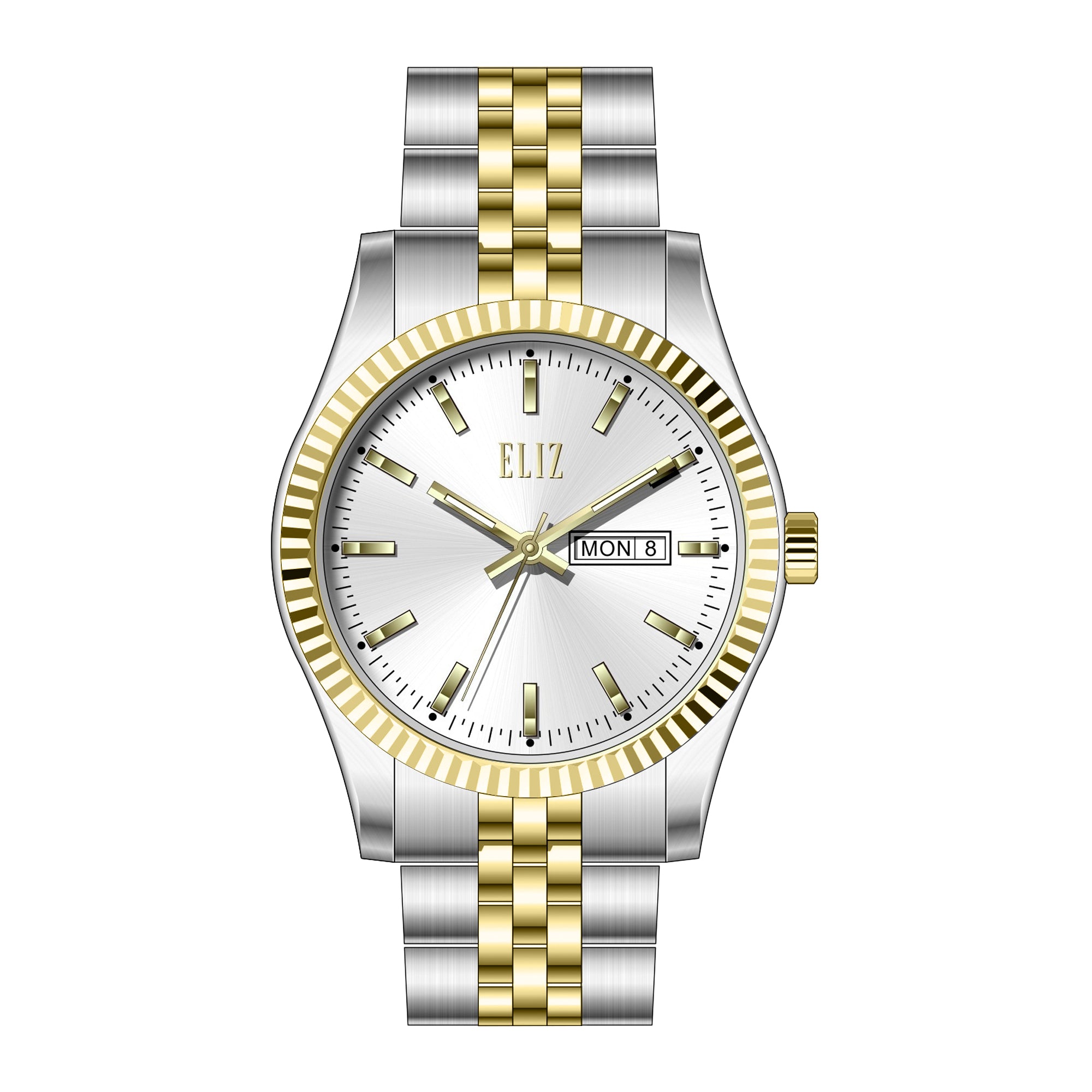 ELIZ ES8863G2TST – Mahal Collection – Round – 40mm Stainless Steel Case – TT PVD Gold Plating – Hardened Mineral Glass – Silver Dial – Japan Day-Date Quartz Movement – 21mm Stainless Steel Band – Foldover with Pushers Buckle – 3ATM Water Resistant – Men's Watch – 2 Years Warranty 
