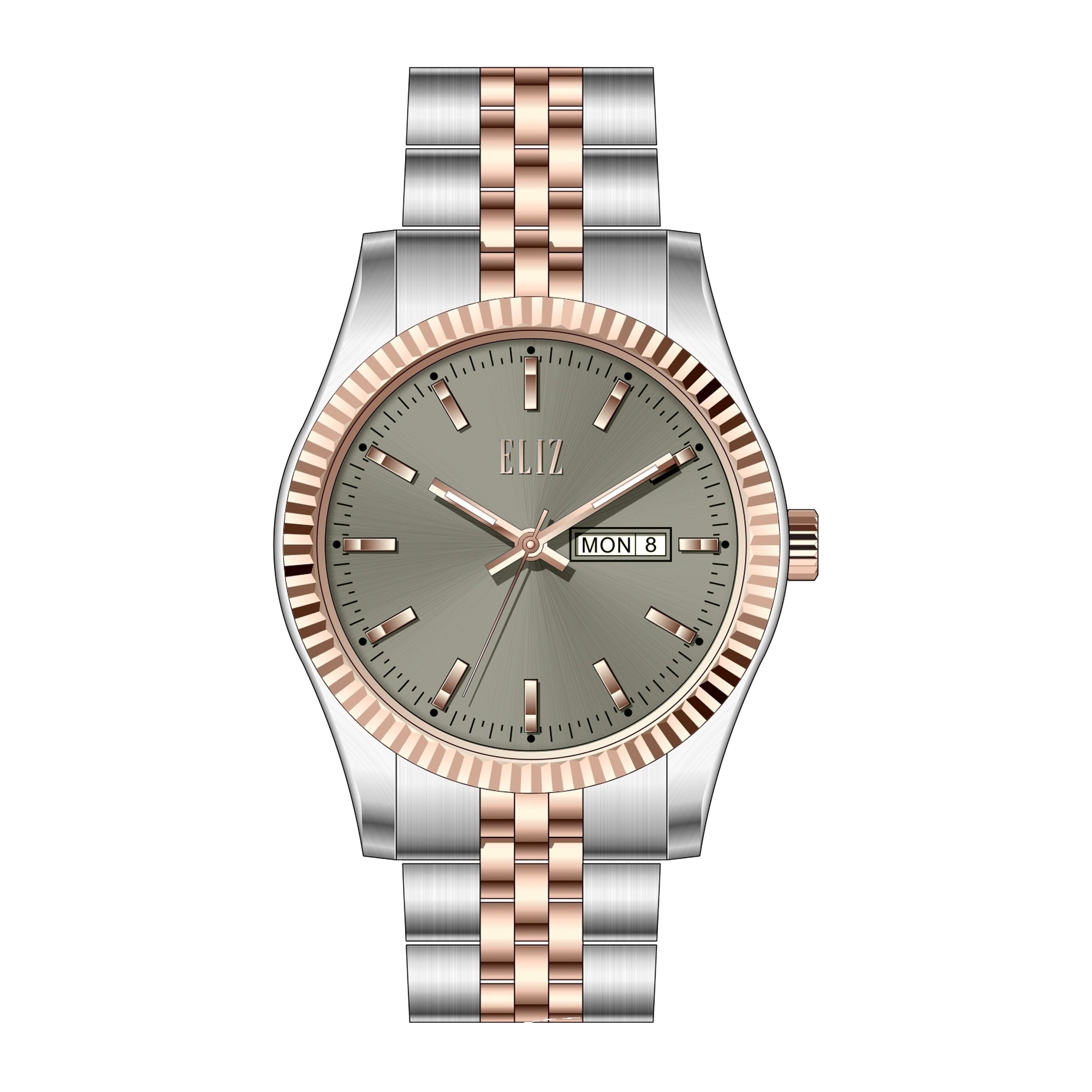ELIZ ES8863G2UGU – Mahal Collection – Round – 40mm Stainless Steel Case – TT PVD Rose Gold Plating – Hardened Mineral Glass – Grey Dial – Japan Day-Date Quartz Movement – 21mm Stainless Steel Band – Foldover with Pushers Buckle – 3ATM Water Resistant – Men's Watch – 2 Years Warranty 
