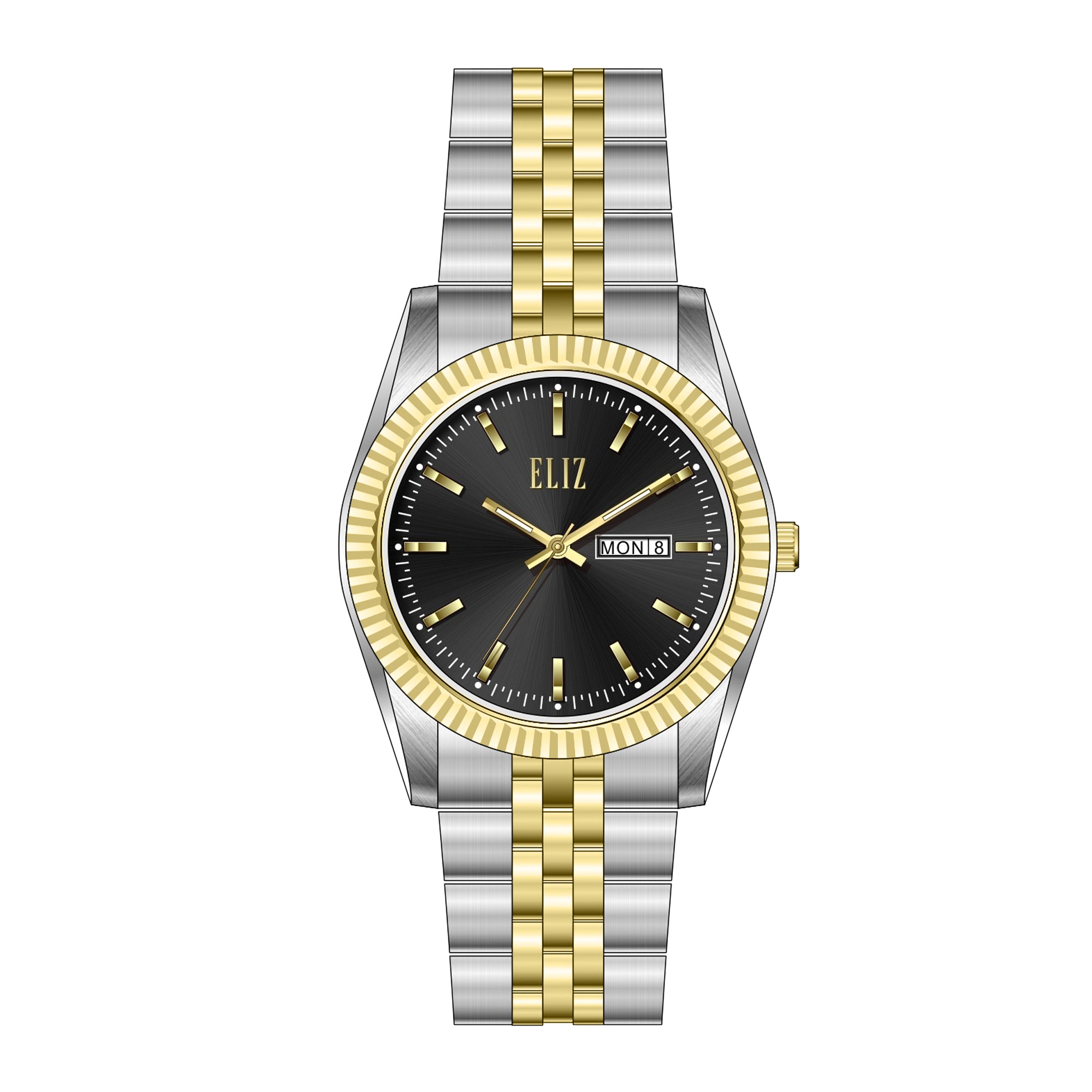 ELIZ ES8863L2TNT – Mahal Collection – Round – 31mm Stainless Steel Case – TT PVD Gold Plating – Hardened Mineral Glass – Black Dial – Japan Day-Date Quartz Movement – 17mm Stainless Steel Band – Foldover with Pushers Buckle – 3ATM Water Resistant – Women's Watch – 2 Years Warranty 
