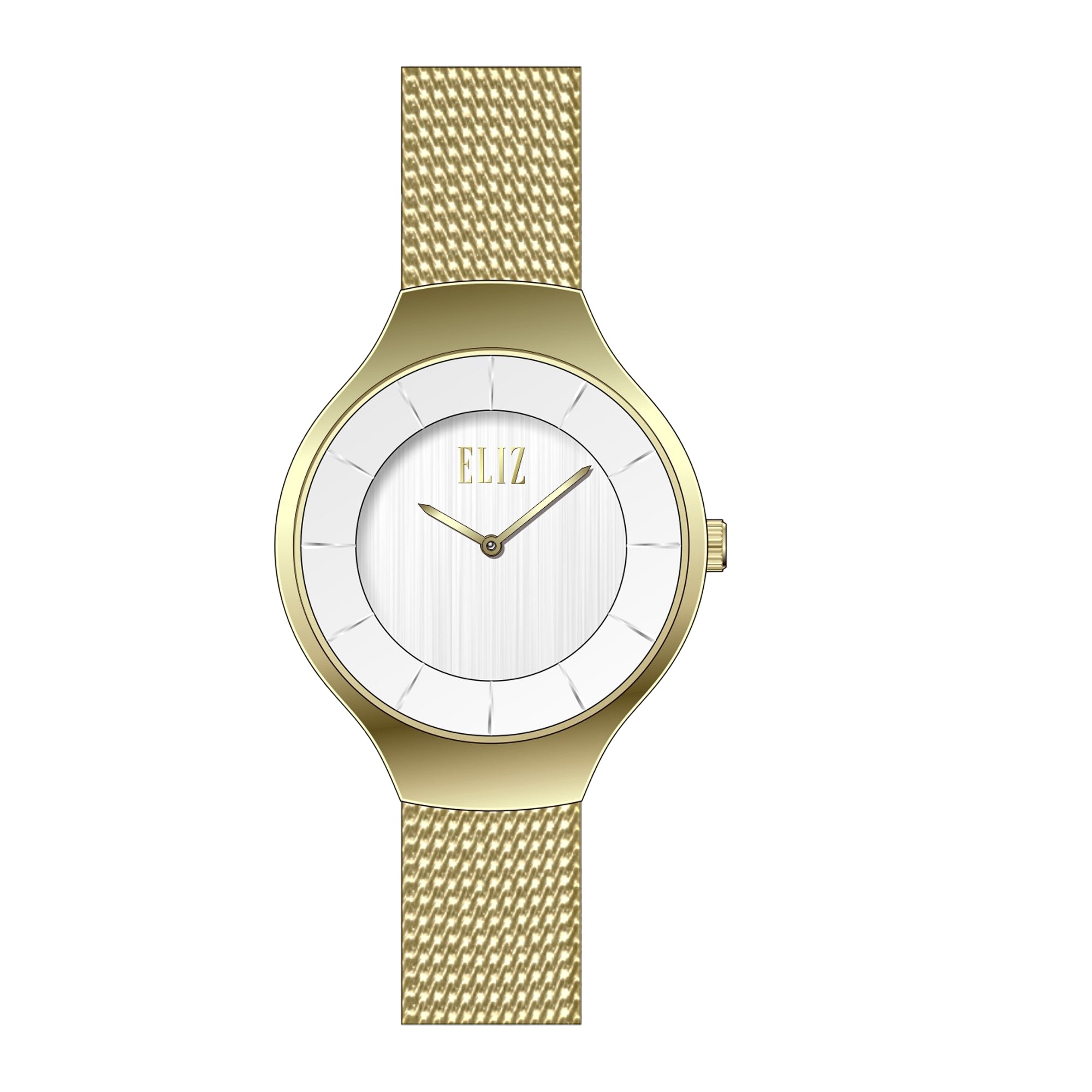 ELIZ ES8864L2GSG – Splendeur Collection – Round – 29mm Stainless Steel Case – PVD Gold Plating – Hardened Mineral Glass – Silver Dial – Japan 2-Hands Quartz Movement – 12mm Stainless Steel Mesh Strap – Double Lock with Safety Clasp Buckle – 3ATM Water Resistant – Women's Watch – 2 Years Warranty 
