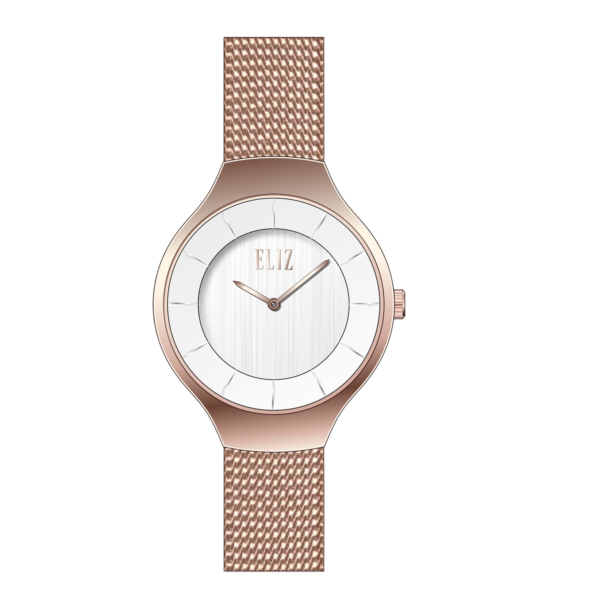 ELIZ ES8864L2RSR – Splendeur Collection – Round – 29mm Stainless Steel Case – PVD Rose Gold Plating – Hardened Mineral Glass – Silver Dial – Japan 2-Hands Quartz Movement – 12mm Stainless Steel Mesh Strap – Double Lock with Safety Clasp Buckle – 3ATM Water Resistant – Women's Watch – 2 Years Warranty 
