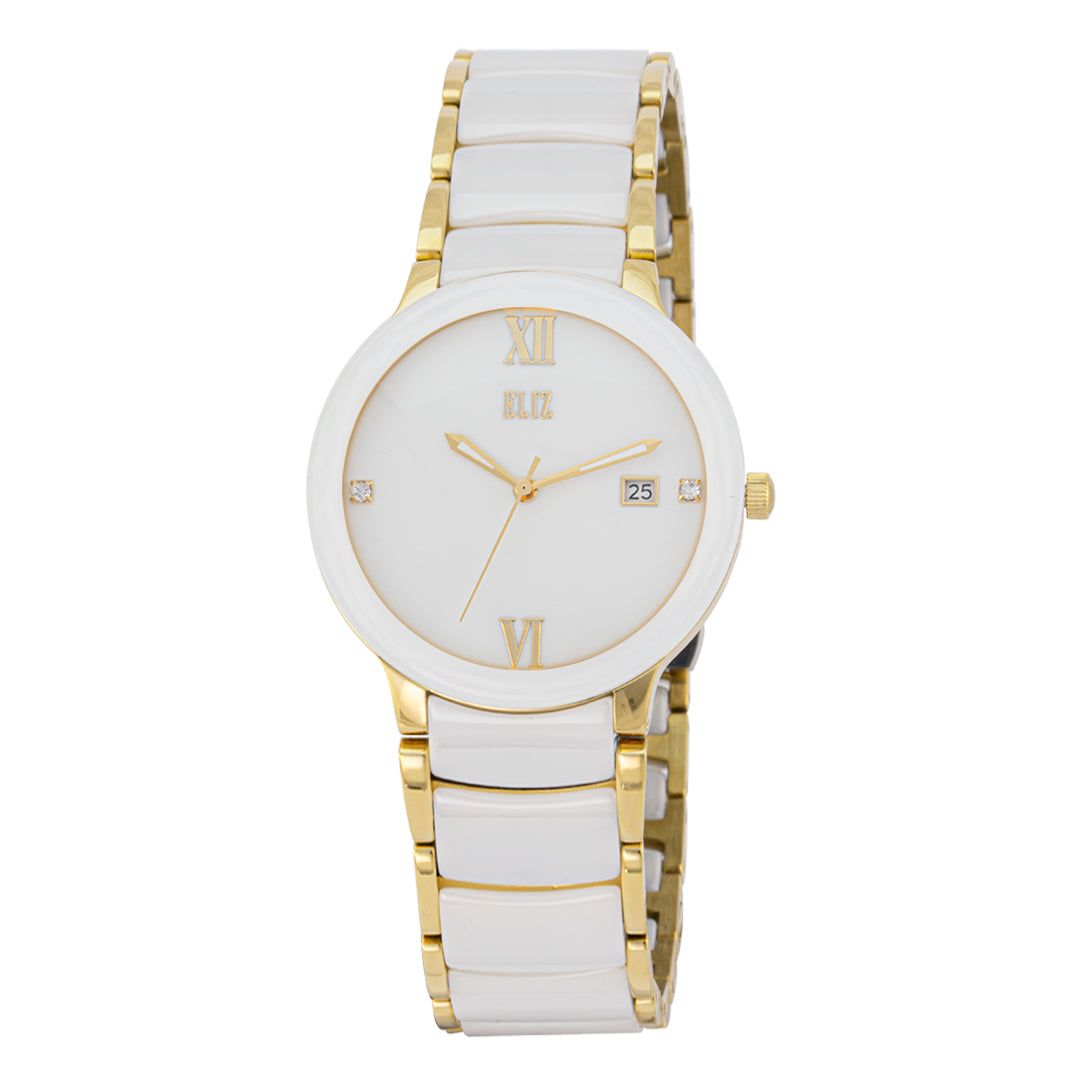 ELIZ ES8866L4GWW SS Case & SS/Ceramic Band Date Women's Watch