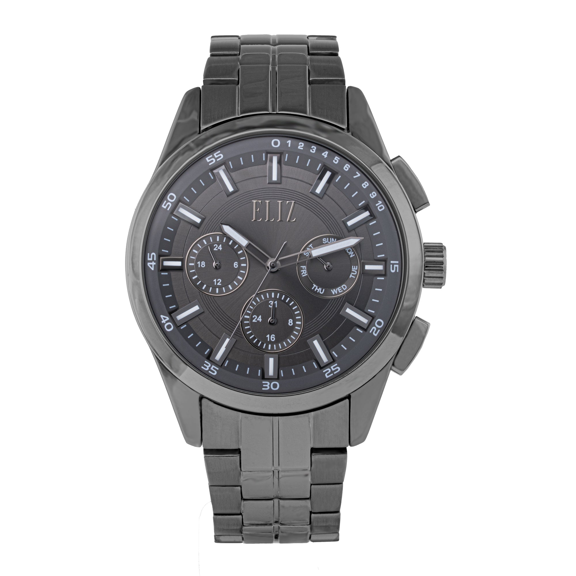 ELIZ ES8867G2AGA – Désir Collection – Round – 45mm Superior Metal Case – PVD Gun Plating – Hardened Mineral Glass – Grey Dial – Japan Multifunction Quartz Movement – 22mm PVD Gun Stainless Steel Band – Hidden Deployant with Pushers Buckle – 3ATM Water Resistant – Men's Watch – 2 Years Warranty&nbsp; 