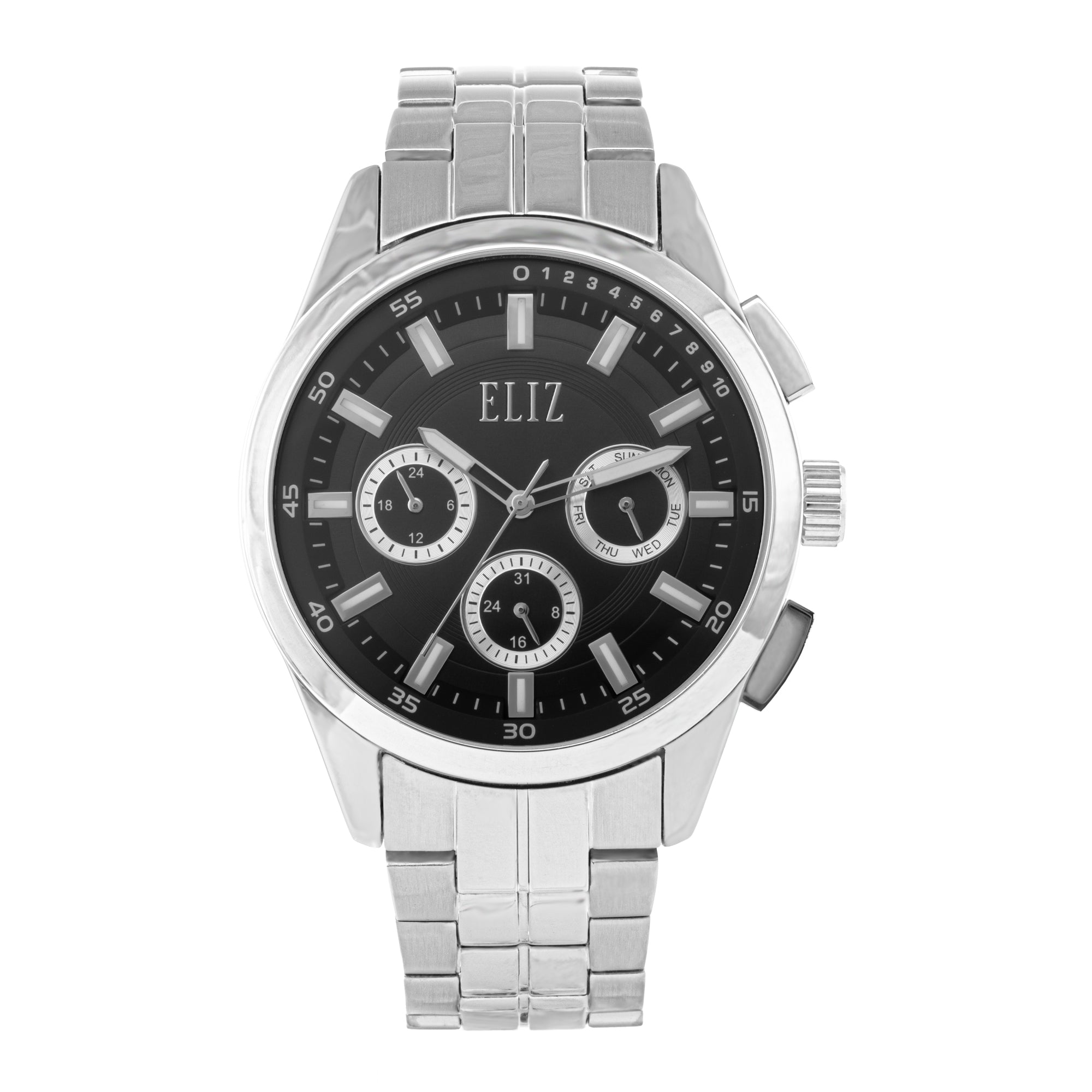 ELIZ ES8867G2SNS – Désir Collection – Round – 45mm Superior Metal Case – PVD Silver Plating – Hardened Mineral Glass – Black Dial – Japan Multifunction Quartz Movement – 22mm Stainless Steel Band – Hidden Deployant with Pushers Buckle – 3ATM Water Resistant – Men's Watch – 2 Years Warranty&nbsp; 