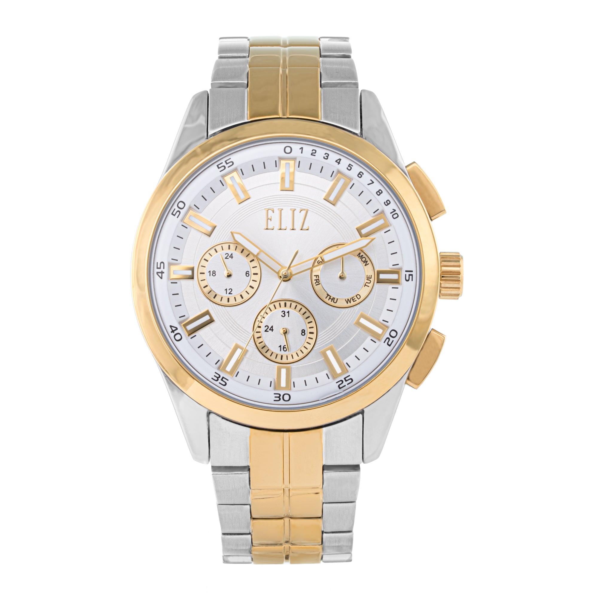 ELIZ ES8867G2TST – Désir Collection – Round – 45mm Superior Metal Case – TT PVD Gold Plating – Hardened Mineral Glass – Silver Dial – Japan Multifunction Quartz Movement – 22mm TT PVD Gold Stainless Steel Band – Hidden Deployant with Pushers Buckle – 3ATM Water Resistant – Men's Watch – 2 Years Warranty&nbsp; 