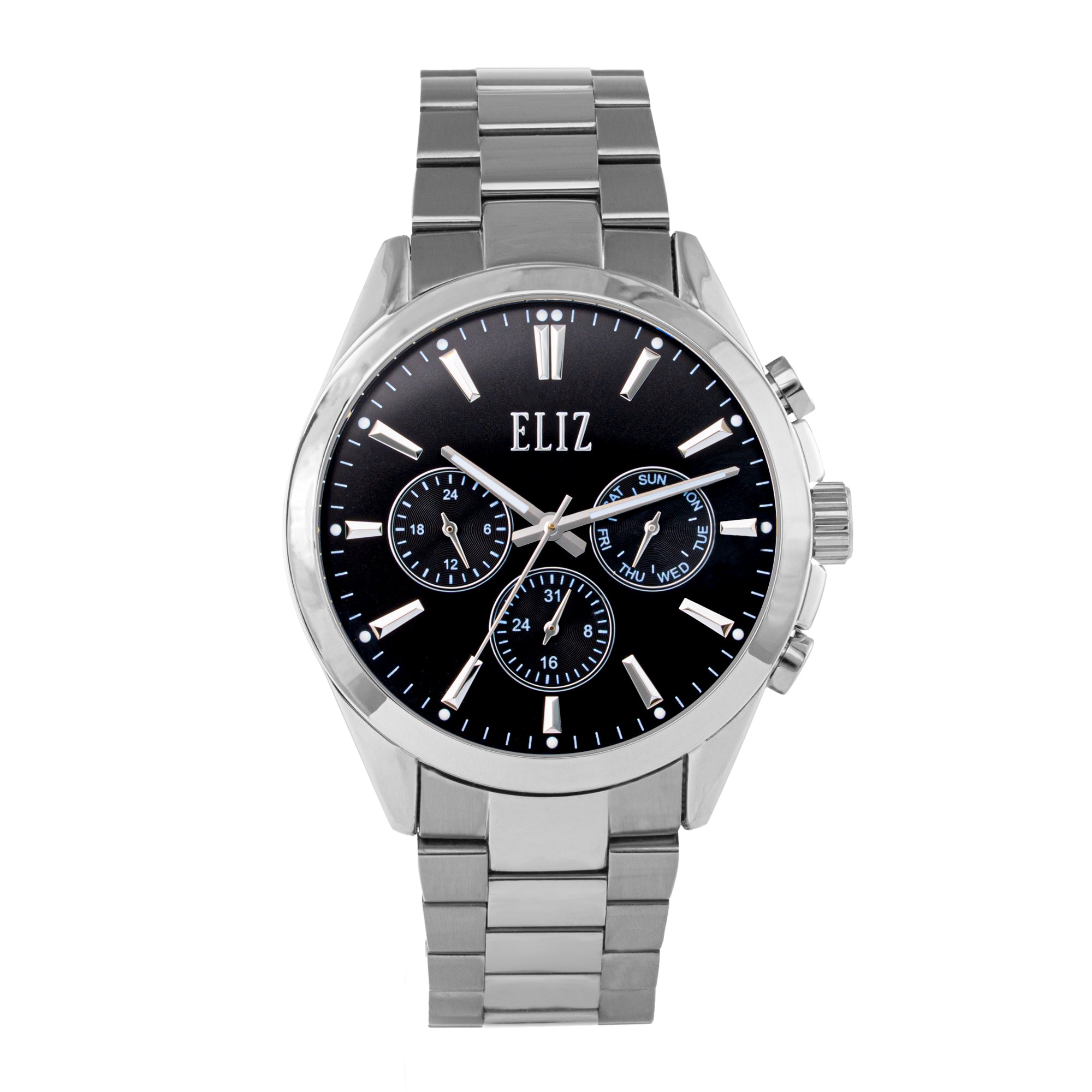 ELIZ ES8868G2SNS – Désir Collection – Round – 44mm Superior Metal Case – PVD Silver Plating – Hardened Mineral Glass – Black Dial – Japan Multifunction Quartz Movement – 22mm Stainless Steel Band – Hidden Deployant with Pushers Buckle – 3ATM Water Resistant – Men's Watch – 2 Years Warranty&nbsp;
