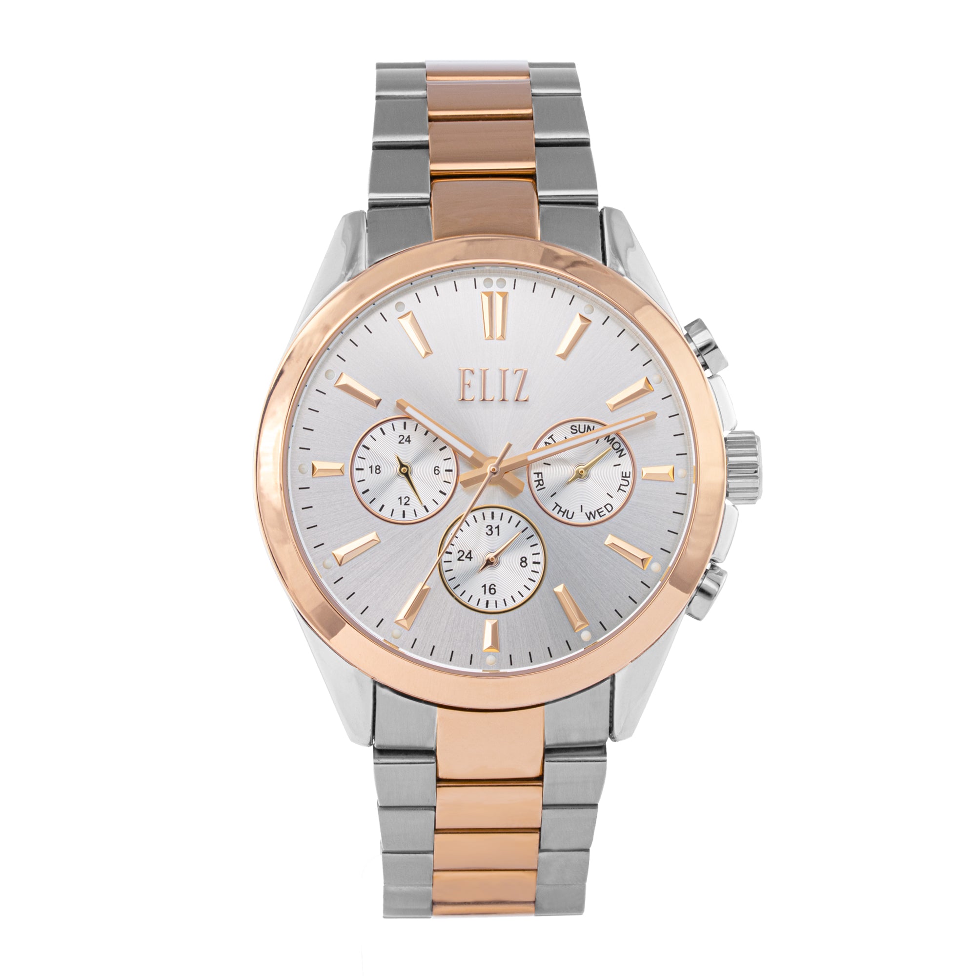 ELIZ ES8868G2USU – Désir Collection – Round – 44mm Superior Metal Case – TT PVD Rose Gold Plating – Hardened Mineral Glass – Silver Dial – Japan Multifunction Quartz Movement – 22mm TT PVD Rose Gold Stainless Steel Band – Hidden Deployant with Pushers Buckle – 3ATM Water Resistant – Men's Watch – 2 Years Warranty&nbsp;
