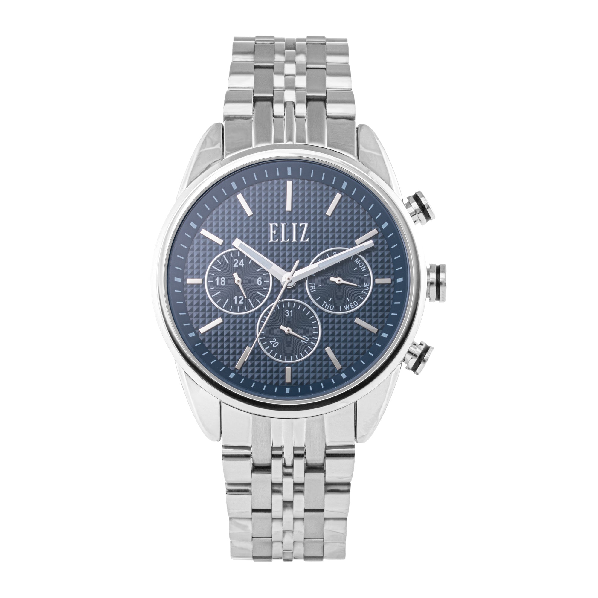 ELIZ ES8869G2SBS – Désir Collection – Round – 45mm Superior Metal Case – PVD Silver Plating – Hardened Mineral Glass – Blue Dial – Japan Multifunction Quartz Movement – 24mm Stainless Steel Band – Hidden Deployant with Pushers Buckle – 3ATM Water Resistant – Men's Watch – 2 Years Warranty&nbsp;