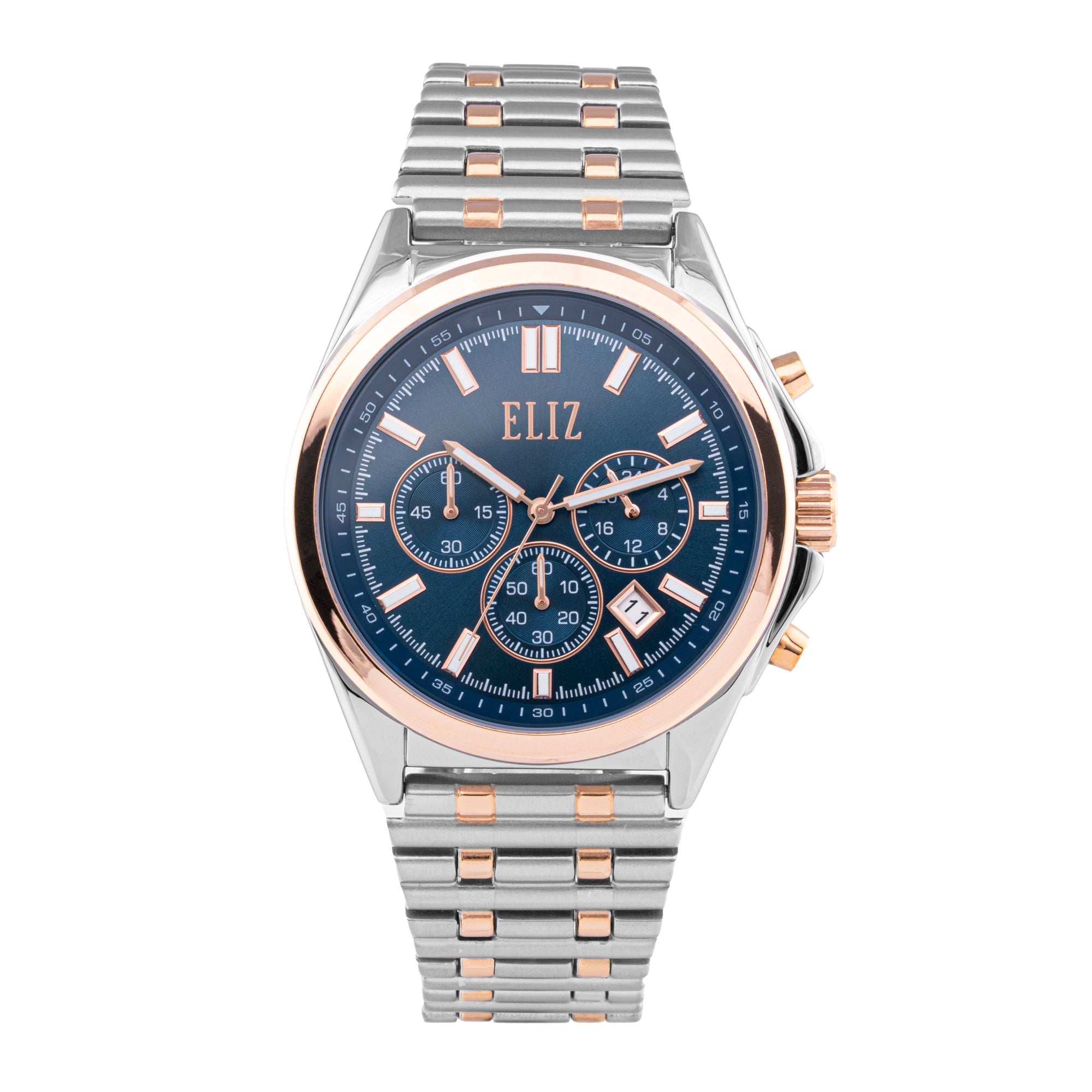 ELIZ ES8870G2UBU – Désir Collection – Round – 44mm Superior Metal Case – TT PVD Rose Gold Plating – Hardened Mineral Glass – Blue Dial – Japan Chronograph Quartz Movement – 26x22mm TT PVD Rose Gold Stainless Steel Band – Hidden Deployant with Pushers Buckle – 3ATM Water Resistant – Men's Watch – 2 Years Warranty&nbsp;