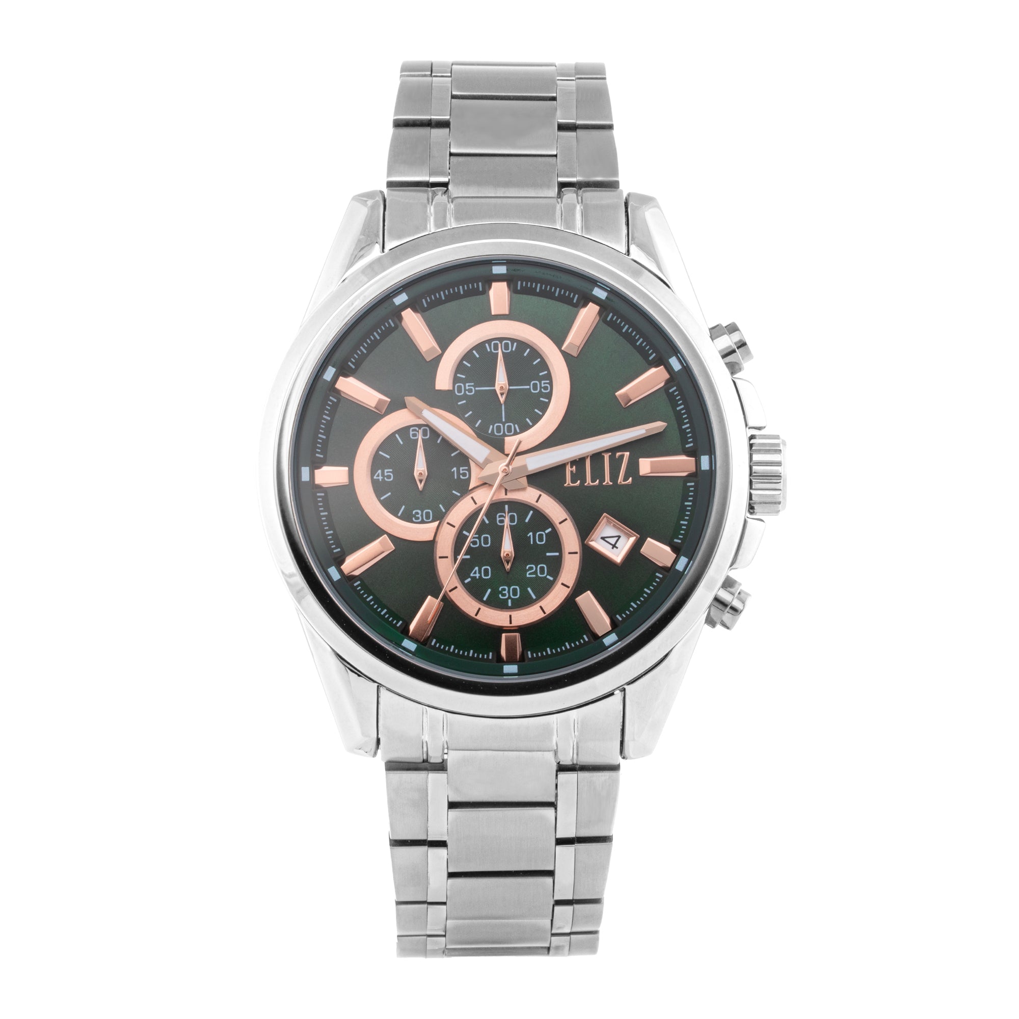 ELIZ ES8872G2SES – Désir Collection – Round – 45mm Superior Metal Case – PVD Silver Plating – Hardened Mineral Glass – Green Dial – Japan Chronograph Quartz Movement – 22mm Stainless Steel Band – Hidden Deployant with Pushers Buckle – 3ATM Water Resistant – Men's Watch – 2 Years Warranty&nbsp;