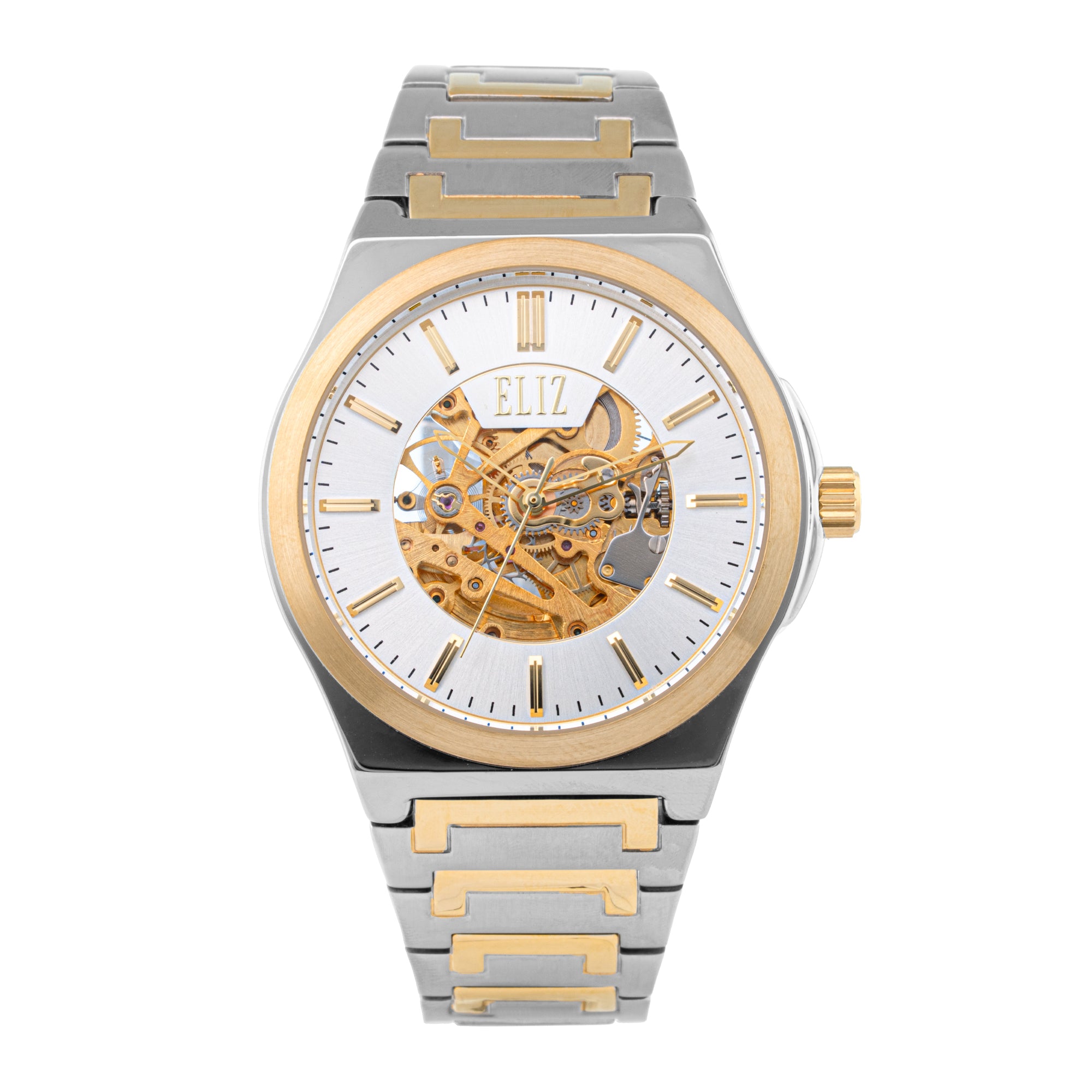 ELIZ ES8875G2TST – Désir Collection – Round – 45mm Superior Metal Case – TT PVD Gold Plating – Hardened Mineral Glass – Silver Dial – Skeleton Automatic Mechanical Movement – 28x20mm TT PVD Gold Stainless Steel Band – Hidden Deployant with Pushers Buckle – 3ATM Water Resistant – Men's Watch – 2 Years Warranty&nbsp;