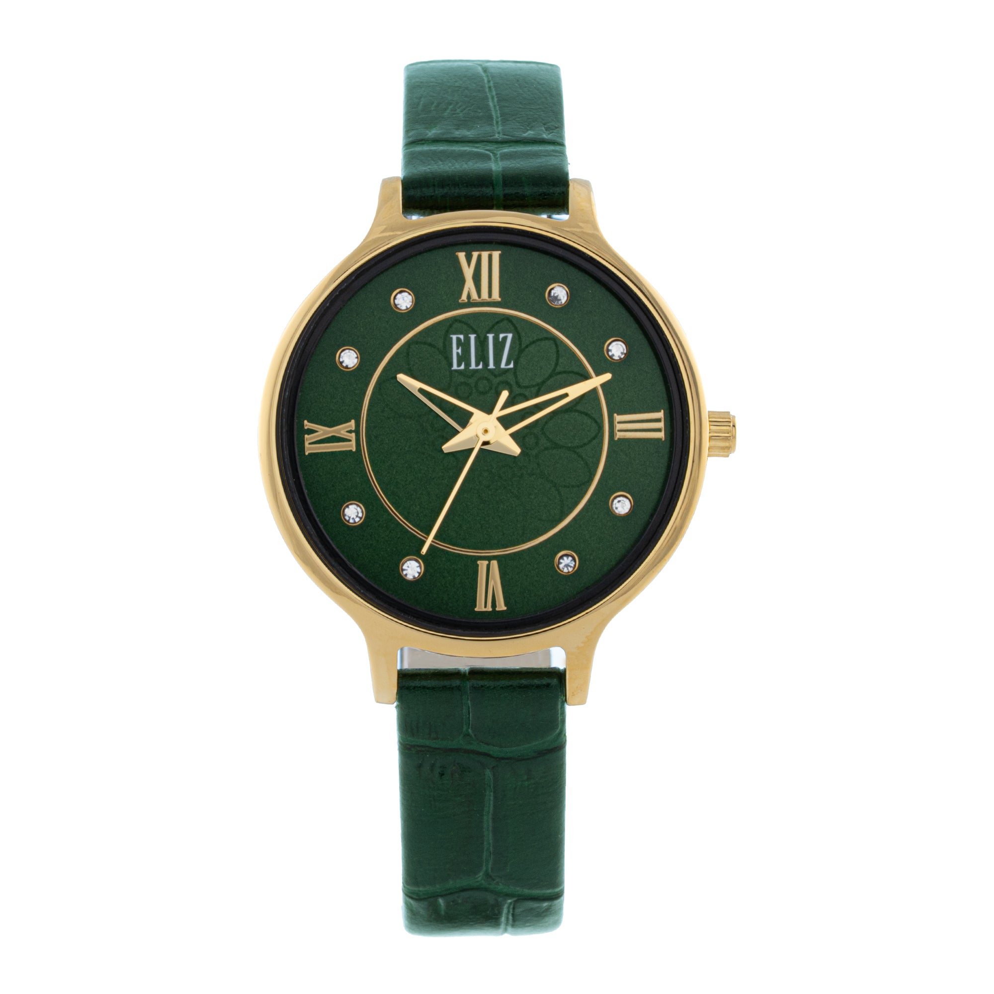 ELIZ ES8909L1GEE – Iris Collection – Round – 32mm PVD Gold Stainless Steel Back Case – Mineral Glass – Green Dial – Japan 3-Hands Quartz Movement – 12mm Green Genuine Leather Strap – Tang Buckle – 3ATM Water Resistant – Women's Watch – 2 Years Warranty 
