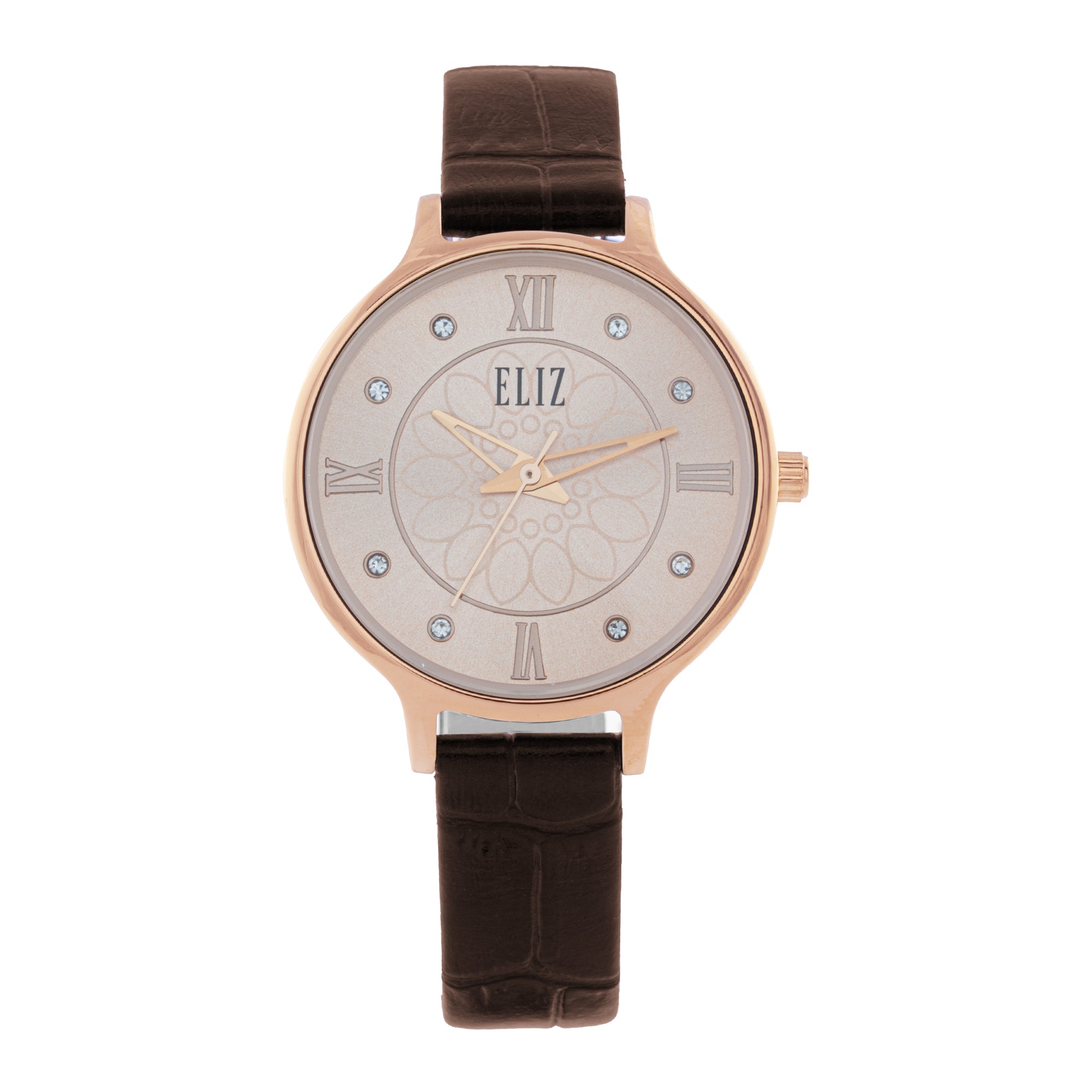 ELIZ ES8909L1RPO – Iris Collection – Round – 32mm PVD Rose Gold Stainless Steel Back Case – Mineral Glass – Rose Dial – Japan 3-Hands Quartz Movement – 12mm Brown Genuine Leather Strap – Tang Buckle – 3ATM Water Resistant – Women's Watch – 2 Years Warranty 
