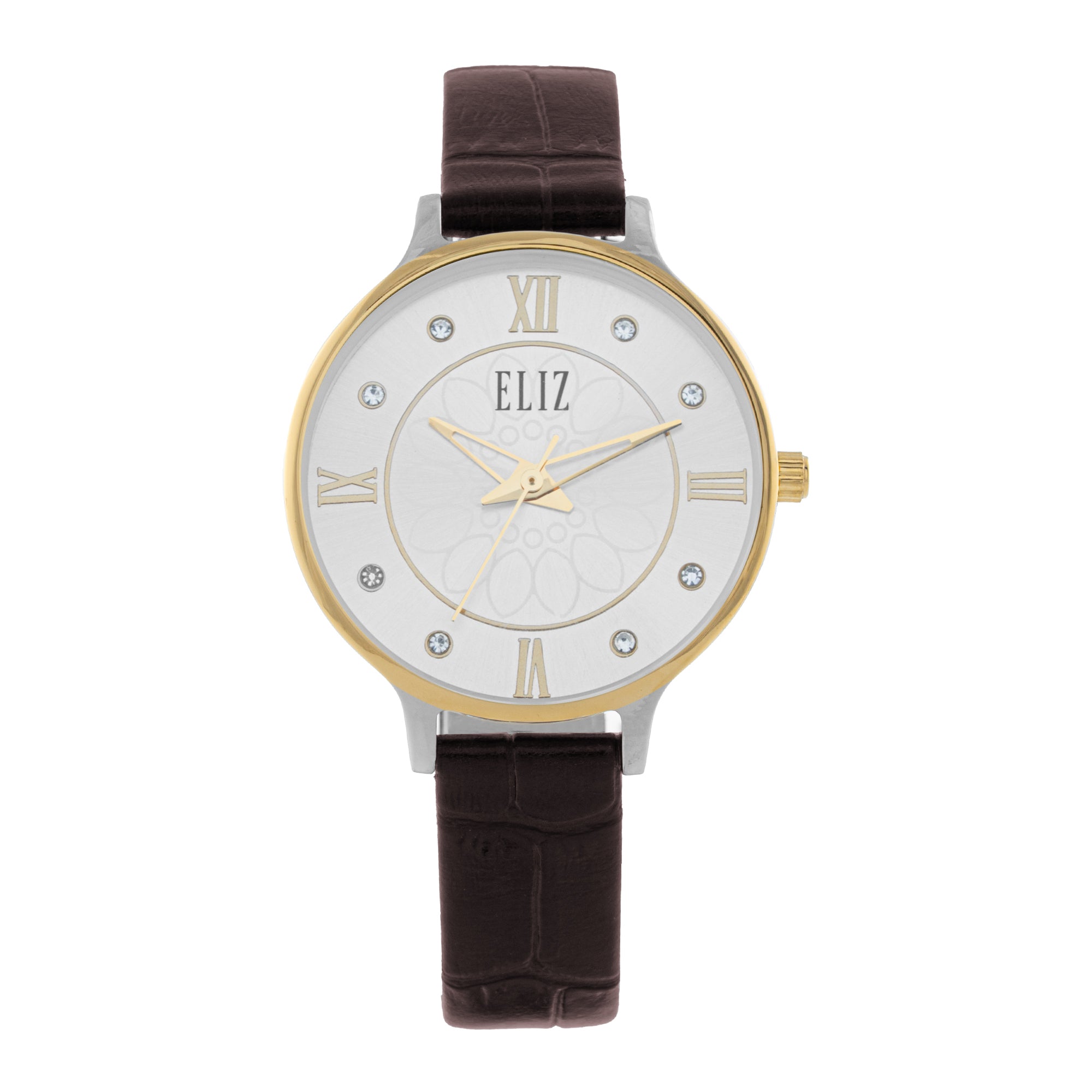 ELIZ ES8909L1TSO – Iris Collection – Round – 32mm TT PVD Gold Stainless Steel Back Case – Mineral Glass – Silver Dial – Japan 3-Hands Quartz Movement – 12mm Brown Genuine Leather Strap – Tang Buckle – 3ATM Water Resistant – Women's Watch – 2 Years Warranty 
