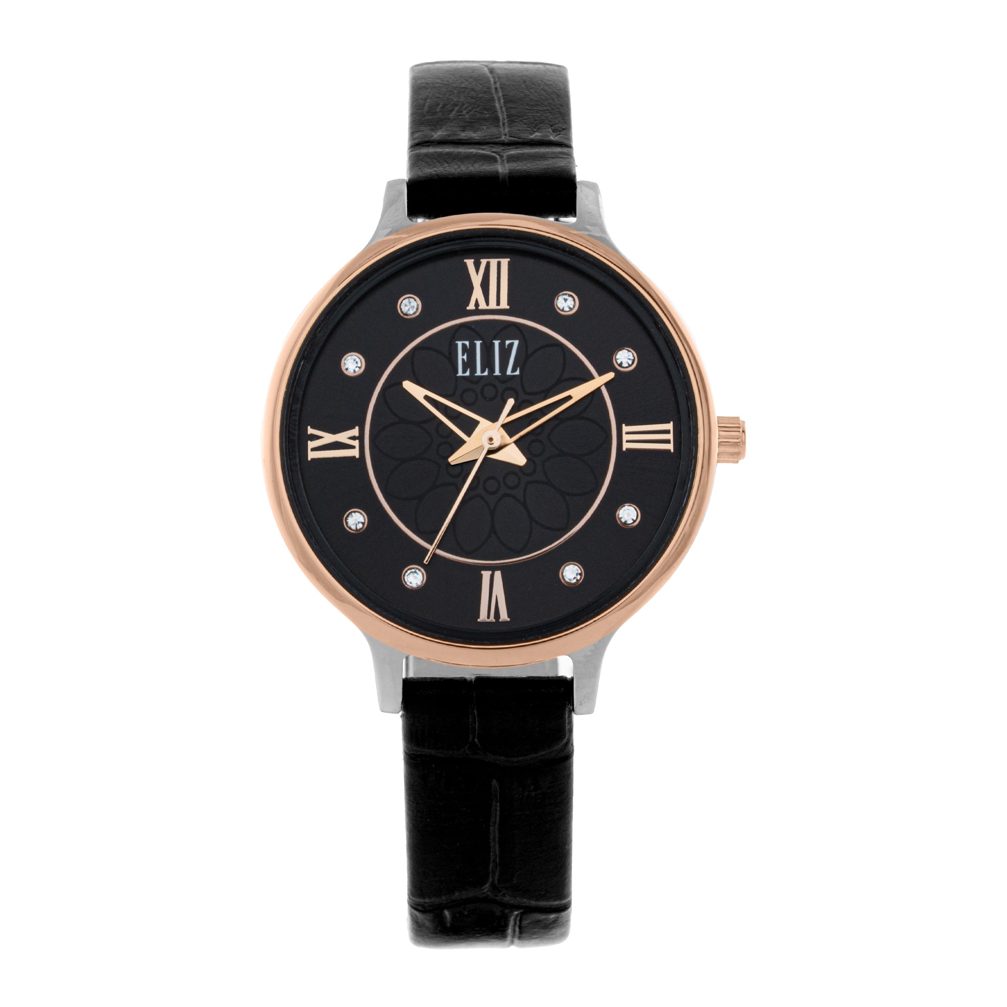 ELIZ ES8909L1UNN – Iris Collection – Round – 32mm TT PVD Rose Gold Stainless Steel Back Case – Mineral Glass – Black Dial – Japan 3-Hands Quartz Movement – 12mm Black Genuine Leather Strap – Tang Buckle – 3ATM Water Resistant – Women's Watch – 2 Years Warranty 
