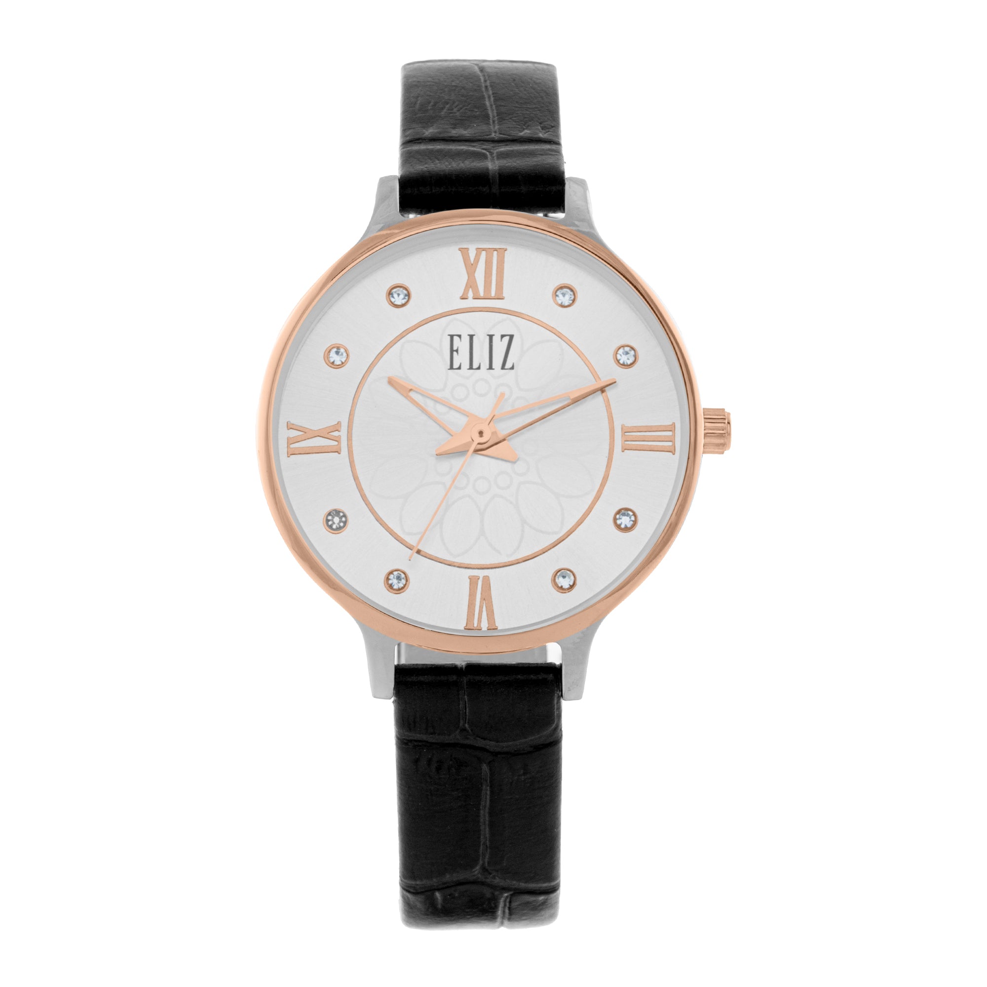 ELIZ ES8909L1USN – Iris Collection – Round – 32mm TT PVD Rose Gold Stainless Steel Back Case – Mineral Glass – Silver Dial – Japan 3-Hands Quartz Movement – 12mm Black Genuine Leather Strap – Tang Buckle – 3ATM Water Resistant – Women's Watch – 2 Years Warranty 
