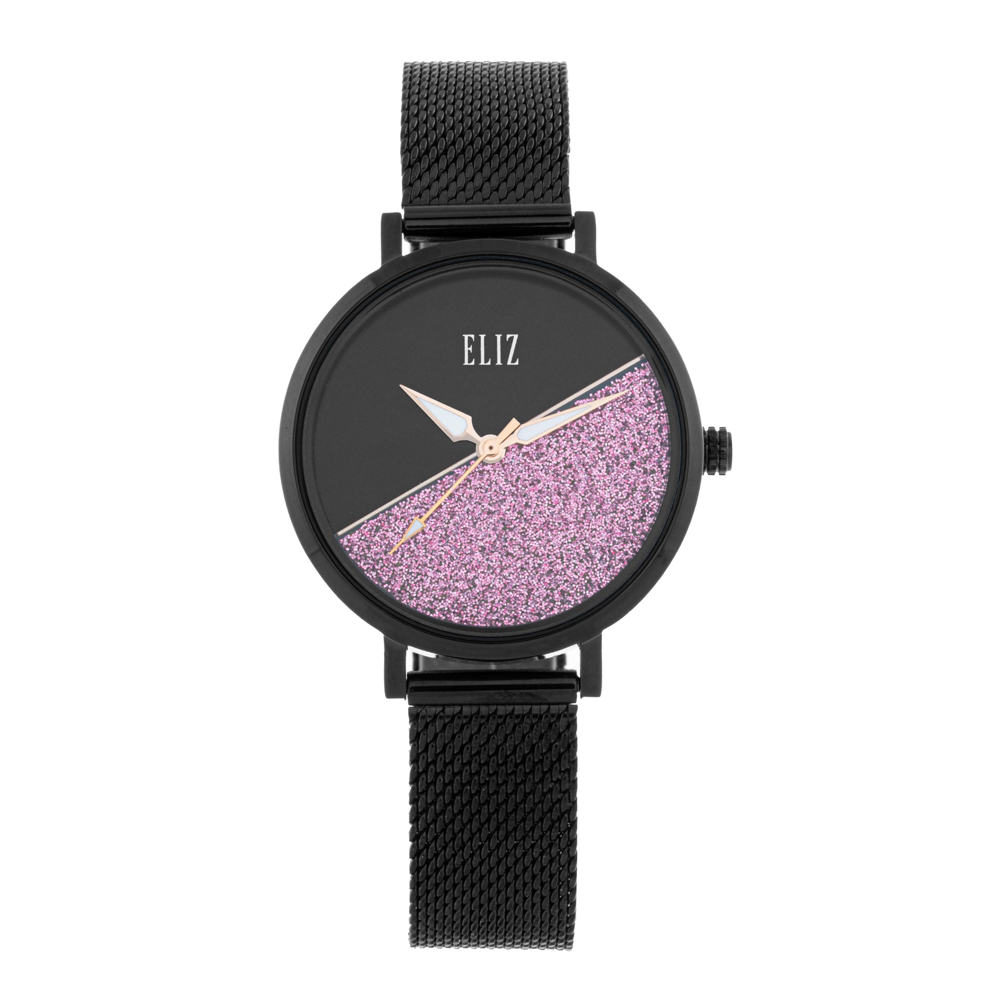ELIZ ES8912L2NNN – Iris Collection – Round – 34.5mm Stainless Steel Back Case – PVD Black Plating – Mineral Glass – Black Dial – Japan 3-Hands Quartz Movement – 13.5mm PVD Black Stainless Steel Mesh Strap – Double Lock with Safety Clasp Buckle – 3ATM Water Resistant – Women's Watch – 2 Years Warranty&nbsp;
