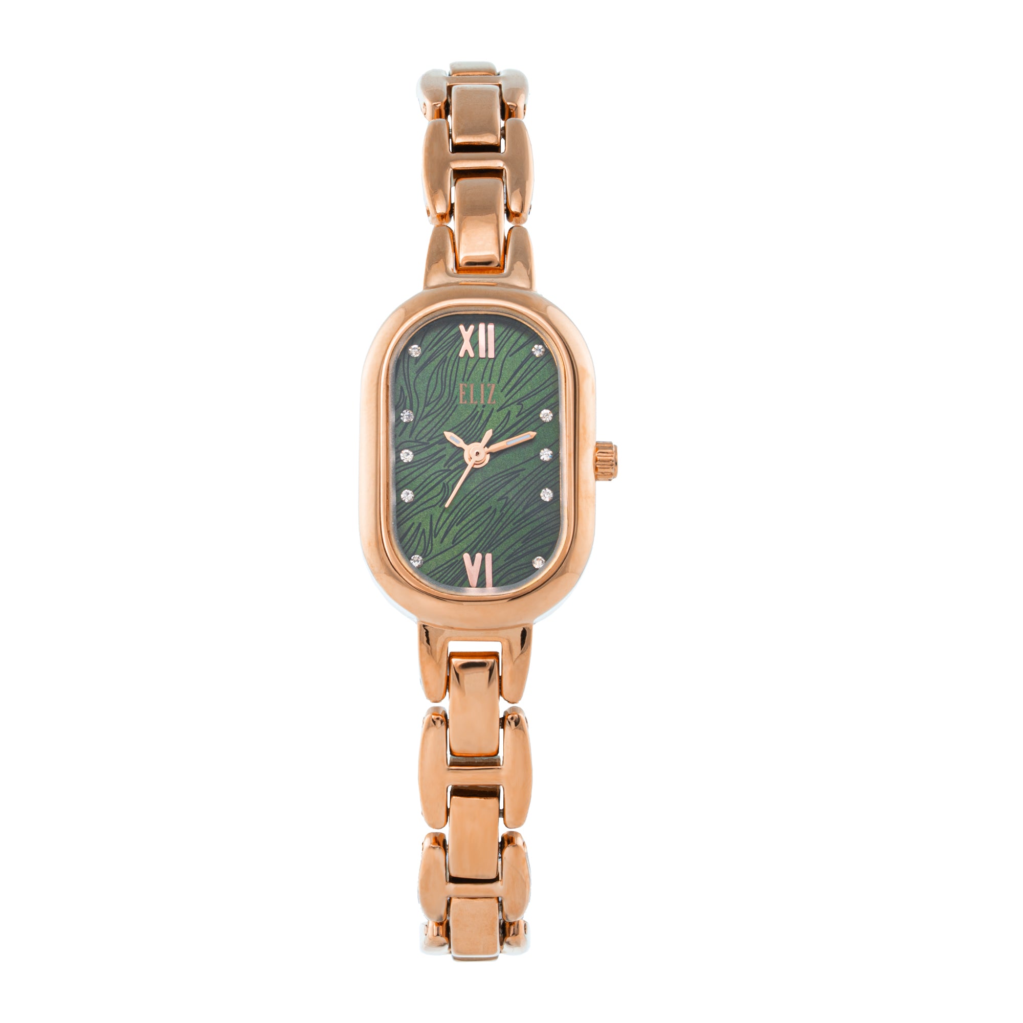 ELIZ ES8917L2RER – Iris Collection – Oblong – 21x31mm Stainless Steel Back Case – PVD Rose Gold Plating – Mineral Glass – Green Dial – Japan 3-Hands Quartz Movement – 10mm PVD Rose Gold Metal Bracelet – Jewelry Buckle – 3ATM Water Resistant – Women's Watch – 2 Years Warranty 

