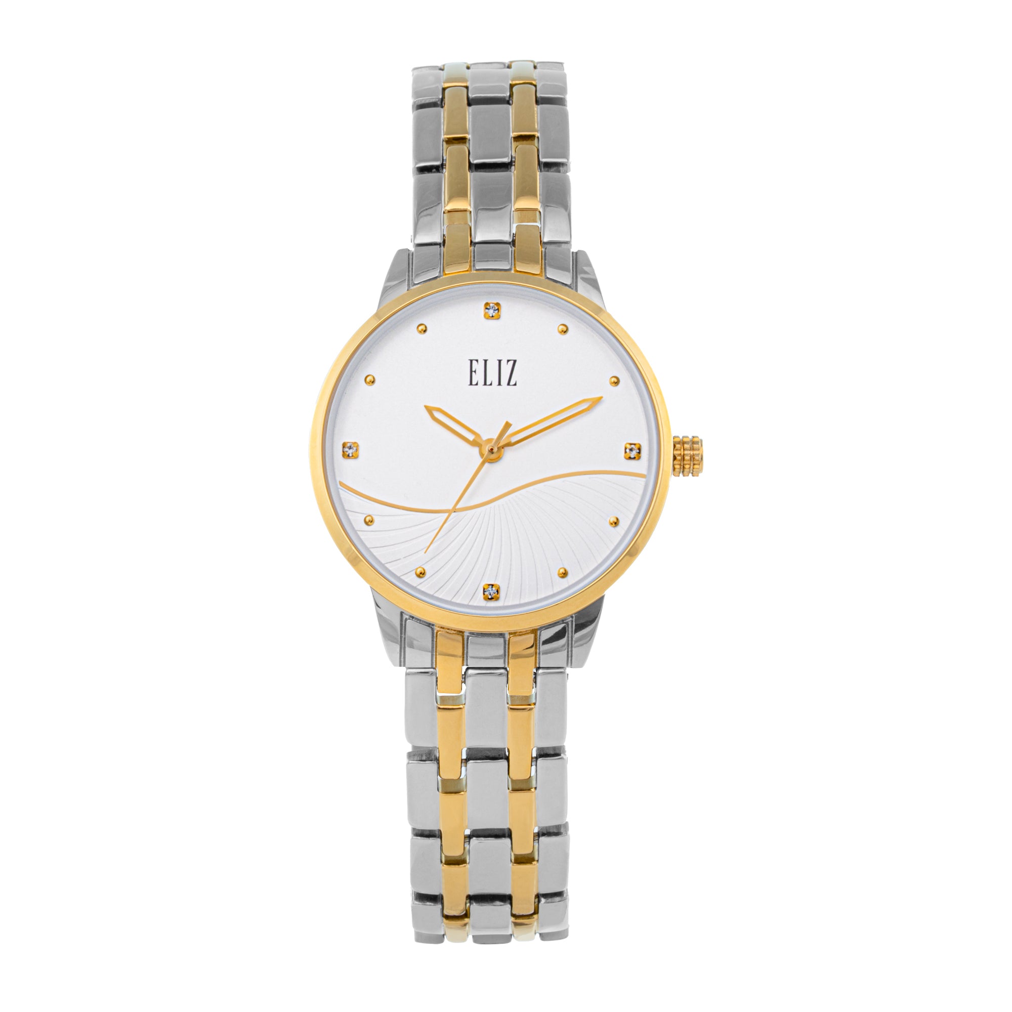 ELIZ ES8919L2TST – Iris Collection – Round – 34mm Stainless Steel Back Case – TT PVD Gold Plating – Mineral Glass – Silver Dial – Japan 3-Hands Quartz Movement – 15mm TT PVD Gold Metal Bracelet – Jewelry Buckle – 3ATM Water Resistant – Women's Watch – 2 Years Warranty 
