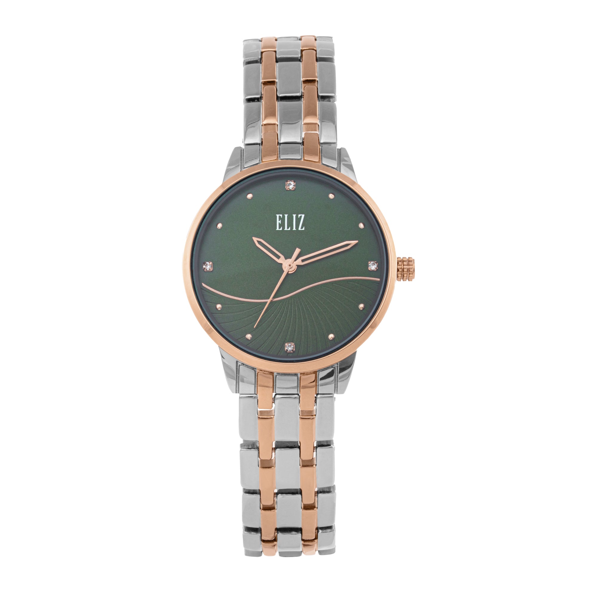 ELIZ ES8919L2UEU – Iris Collection – Round – 34mm Stainless Steel Back Case – TT PVD Rose Gold Plating – Mineral Glass – Green Dial – Japan 3-Hands Quartz Movement – 15mm TT PVD Rose Gold Metal Bracelet – Jewelry Buckle – 3ATM Water Resistant – Women's Watch – 2 Years Warranty 

