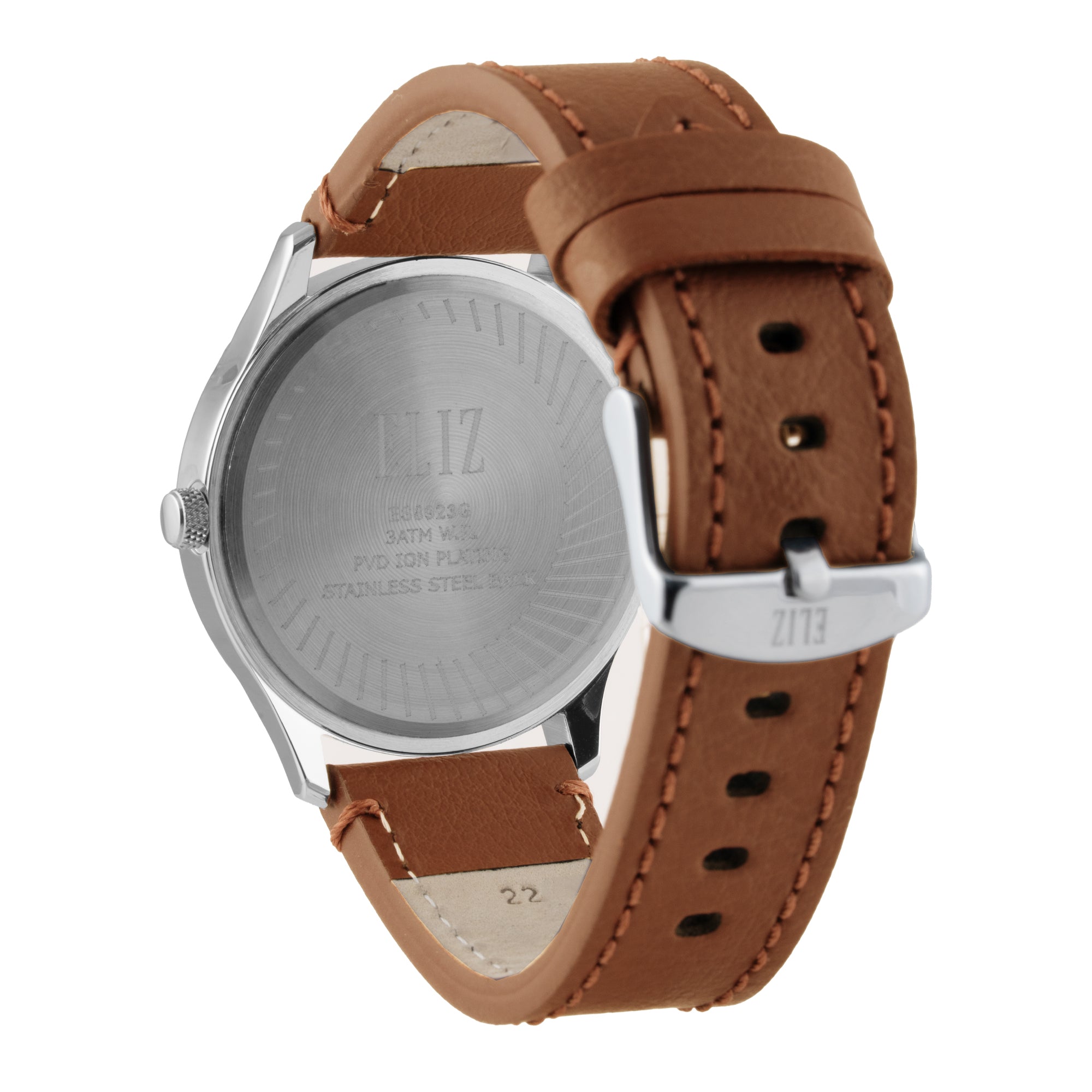 ELIZ ES8923G1SSD – ELIZ Classique Men's Watch – 42mm PVD Silver Case – Silver Dial – Quartz Movement – Tan Brown Leather Strap

