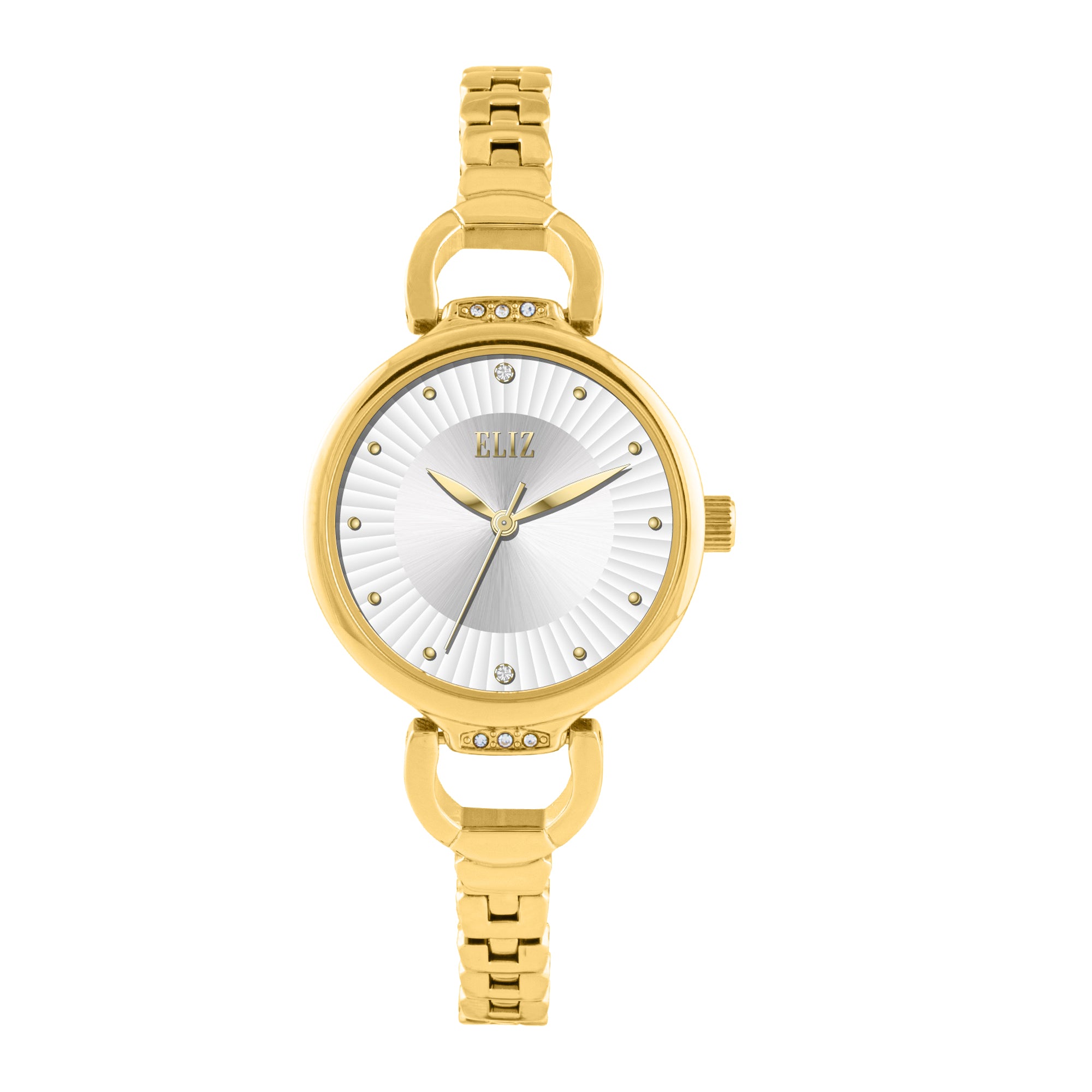 Gold watch with a white face on a white background
