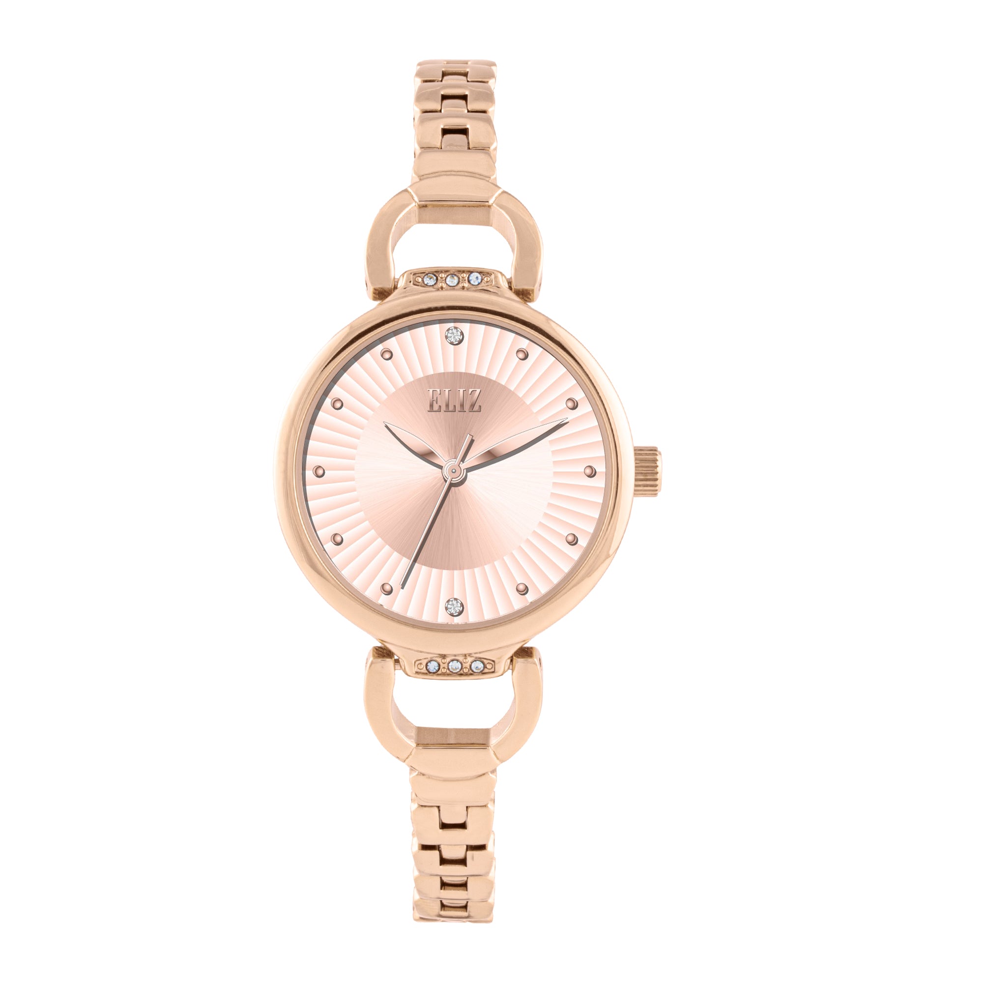Rose gold watch with a white dial on a white background