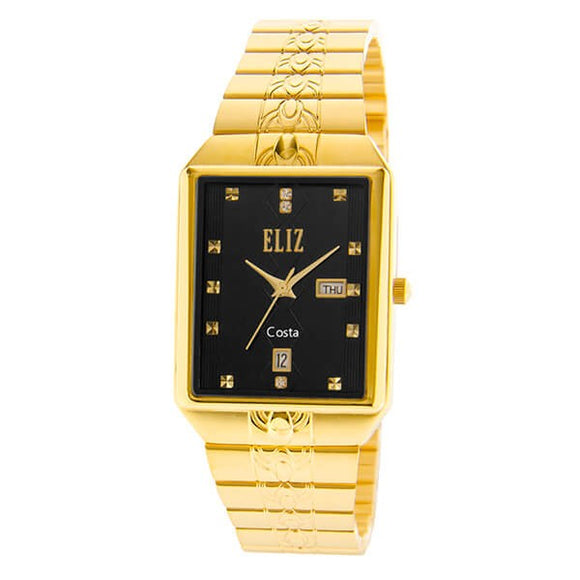 Eliz men's Black Dial Gold plated case and Band analog watch ES8149G2GNG