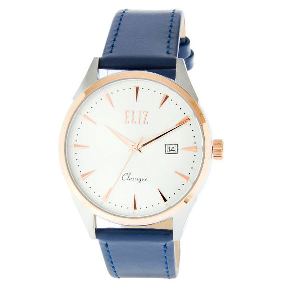 Eliz Men's White Dial Blue Genuine Leather strap Two-Tone Rose Gold plated Steel case Watch ES8633G1UWB 1