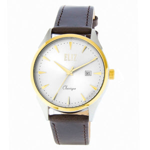 Eliz Men's White Dial Brown Genuine Leather strap Two-Tone Gold plated Steel case Watch ES8633G1TWO 1