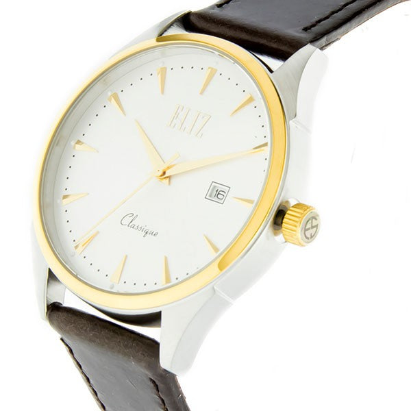 Eliz Men's White Dial Brown Genuine Leather strap Two-Tone Gold plated Steel case Watch ES8633G1TWO 2